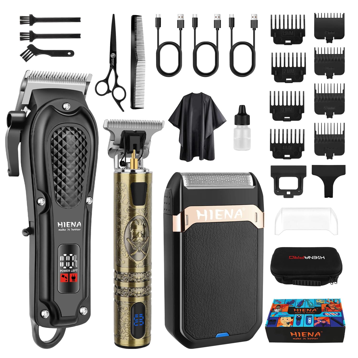 HIENA PRO Professional Hair Clippers for Men, Cordless Hair Clipper for Hair Cutting Kit 3-in-1 LED Haircut Set with Foil Shaver, USB-C Rechargeable Barber Clippers for Men​