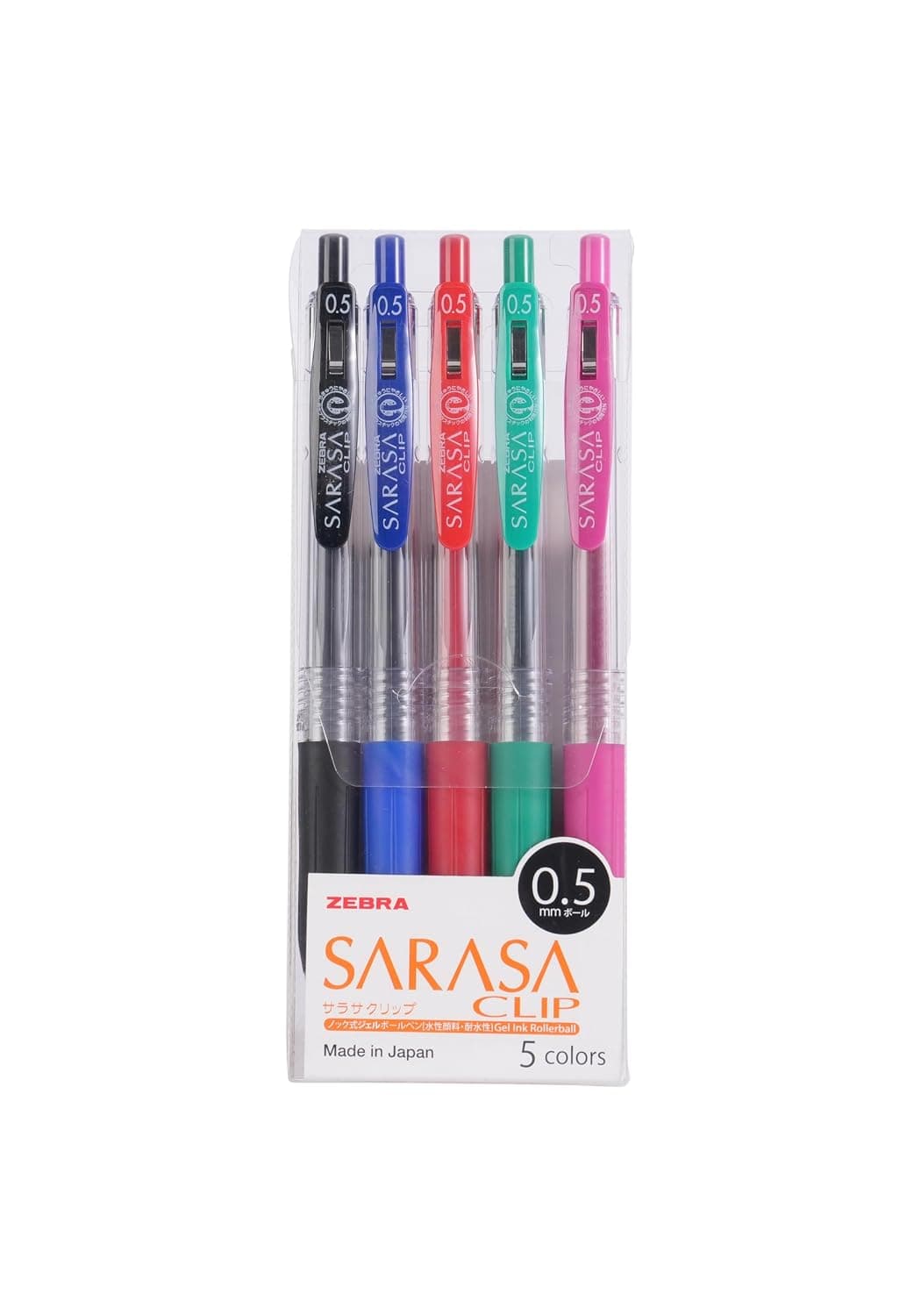 Zebra Sararsa Clip-On Gel Pen 5-Pieces, 0.5 mm Tip Size