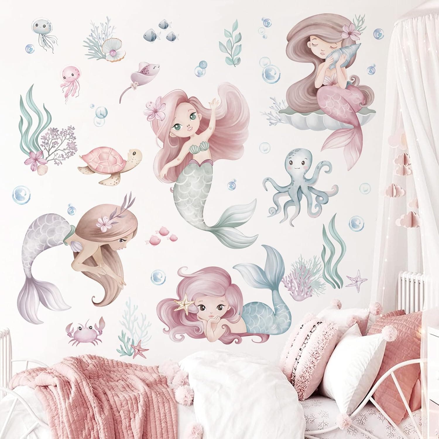 wondever Mermaid Under the Sea Wall Stickers Ocean Algae Sea Turtle Wall Stickers for Girls Bedroom Bathroom Bedroom