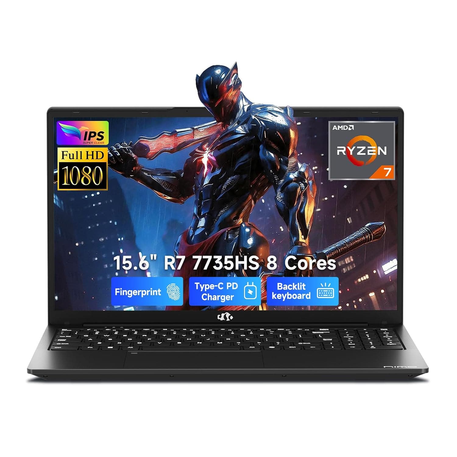 NIMO 15.6" IPS FHD Gaming-Laptop, 8 Cores Ryzen 7 7735HS 32GB DDR5 RAM 1TB SSD, Radeon 680M Graphics, 100W Type-C Backlit Keyboard, Fingerprint Unlock, Wi-Fi 5, Bluetooth 5.2