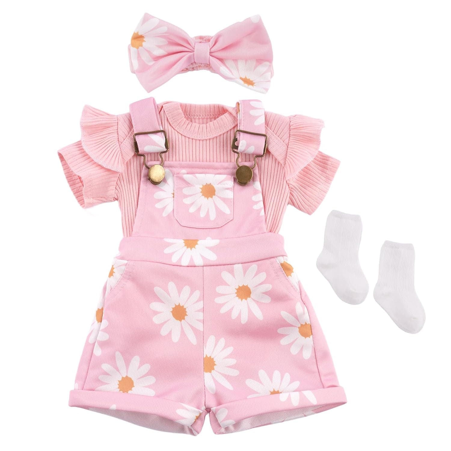 BABESIDE 4 Pcs Reborn Baby Doll Clothes Set for 17-22 Inch Baby Dolls | Cute Pink Flower Baby Doll Overalls Lifelike Reborn Baby Doll Accessories with Headband and Socks for Realistic Dolls Girl