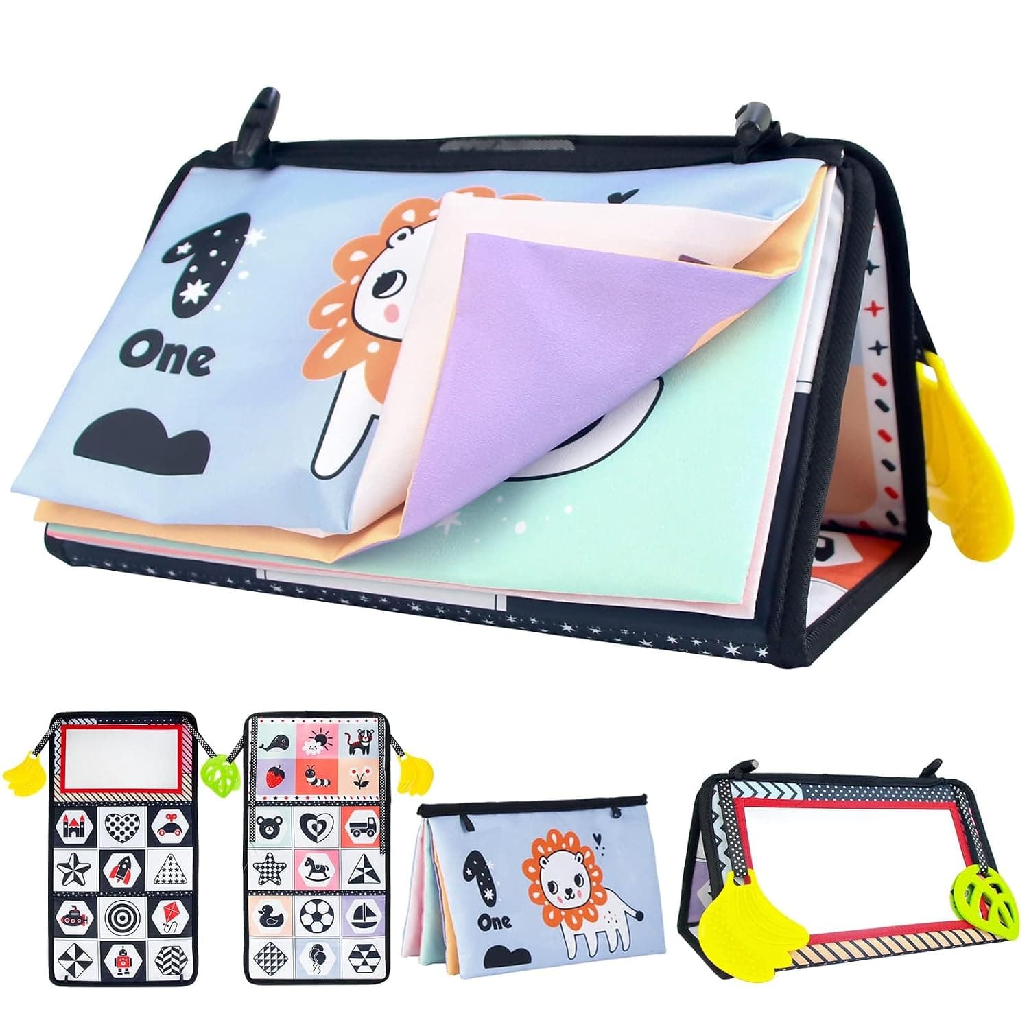 Cloth Books Tummy Time Toys with Mirror, Black and White High Contrast Early Educational Toy Set for Newborns and Infants, 3-in-1 Baby Developmental Toy, Portable and Foldable Baby Gift