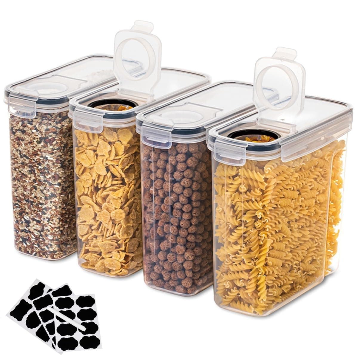2.5L Cereal Containers Storage with Flip-Top Lids, 4pcs Airtight Food Storage Canister Sets with Label Stickers for Kitchen Pantry Counter Organization, Oats, Flour, Sugar, BPA Free