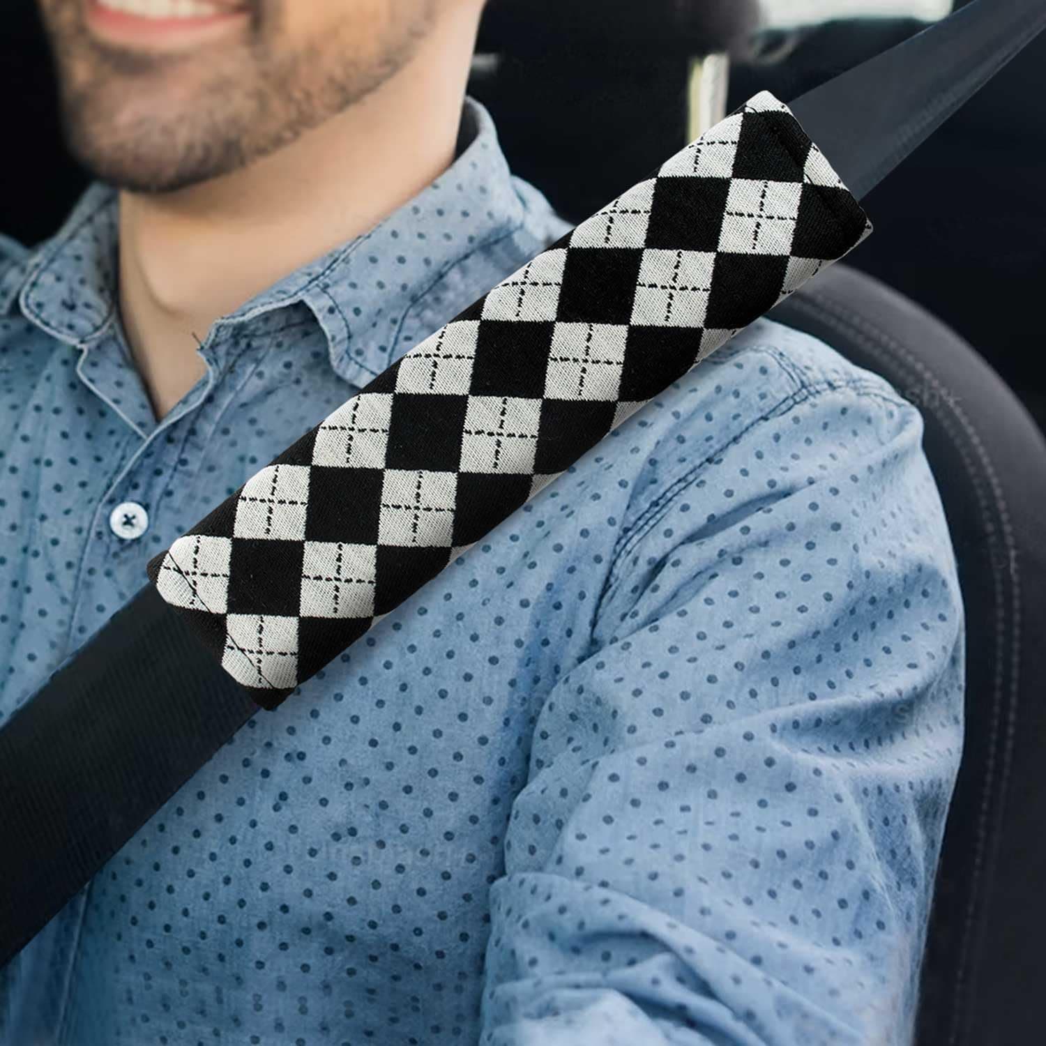 Yumikoo Checkered Seat Belt Pads - Set of 2 Stylish Black and White Seat Belt Cushions for Comfort and Style in Cars and Airplanes (Diamond Black and White Grid)