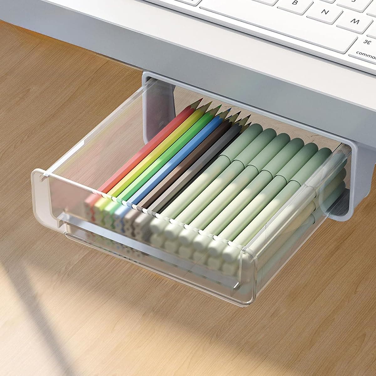 ALMEKAQUZ Under Desk Drawer Storage Box, Large Capacity Office Storage Box with 17 * 22 * 6cm, Invisible Storage-Box Under the Desk for students(Transparent White)
