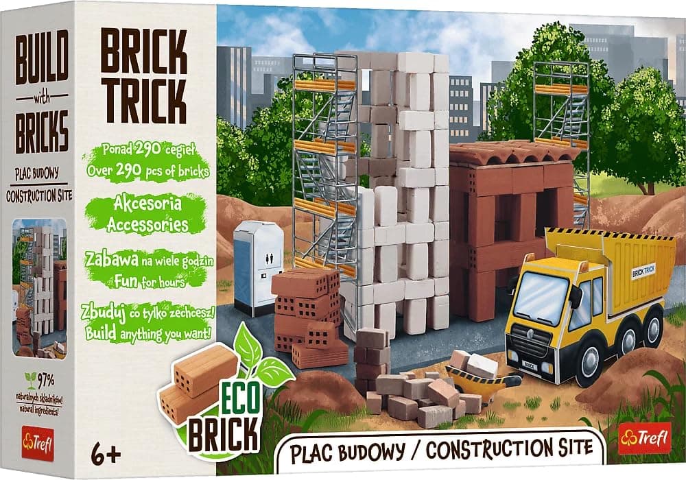 Trefl Brick Trick: Construction Site/Construction Site - Building with Bricks, EKO Real Bricks, 290 Bricks, Multi-Use, Creative Kit for Children Aged 6+ | For children aged 6 and up, eco-brick building blocks, reusable, creative set, 100% natural bricks, over 290