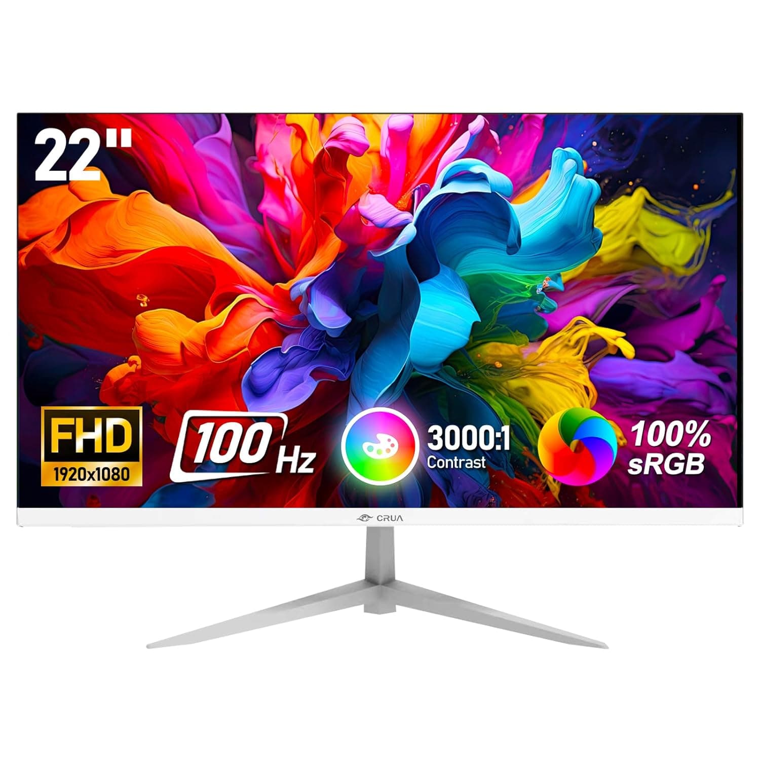 CRUA 22" inch FHD 100Hz PC Monitor Flat 1080P(1920x1080) Display Screen 100% sRGB 0.5ms MPRT Ultra-Slim Design Suitable for home and office use White