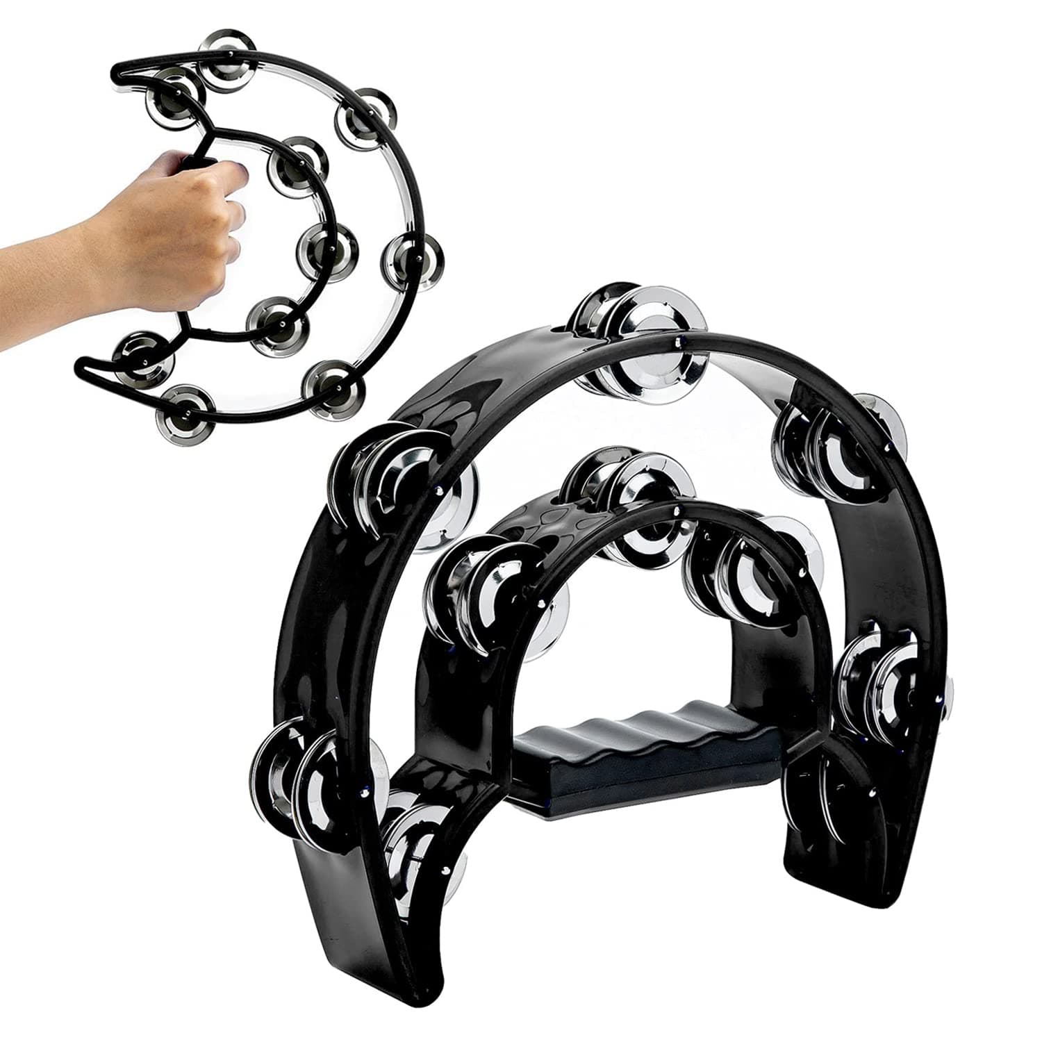 Double Row Tambourine Metal Jingles Hand Held Percussion Tambourine Musical Instrument Gifts for Kids and Adults - Black