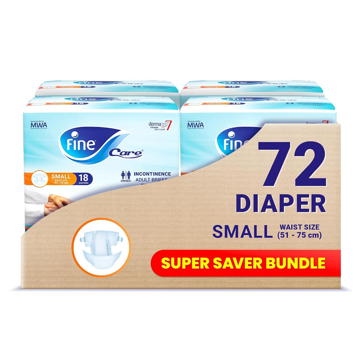 Fine Care Adult Diapers Size Small Waist (51 - 75 cm) Pack of 72, Incontinence Unisex Briefs, Disposable and Highly Absorbent.