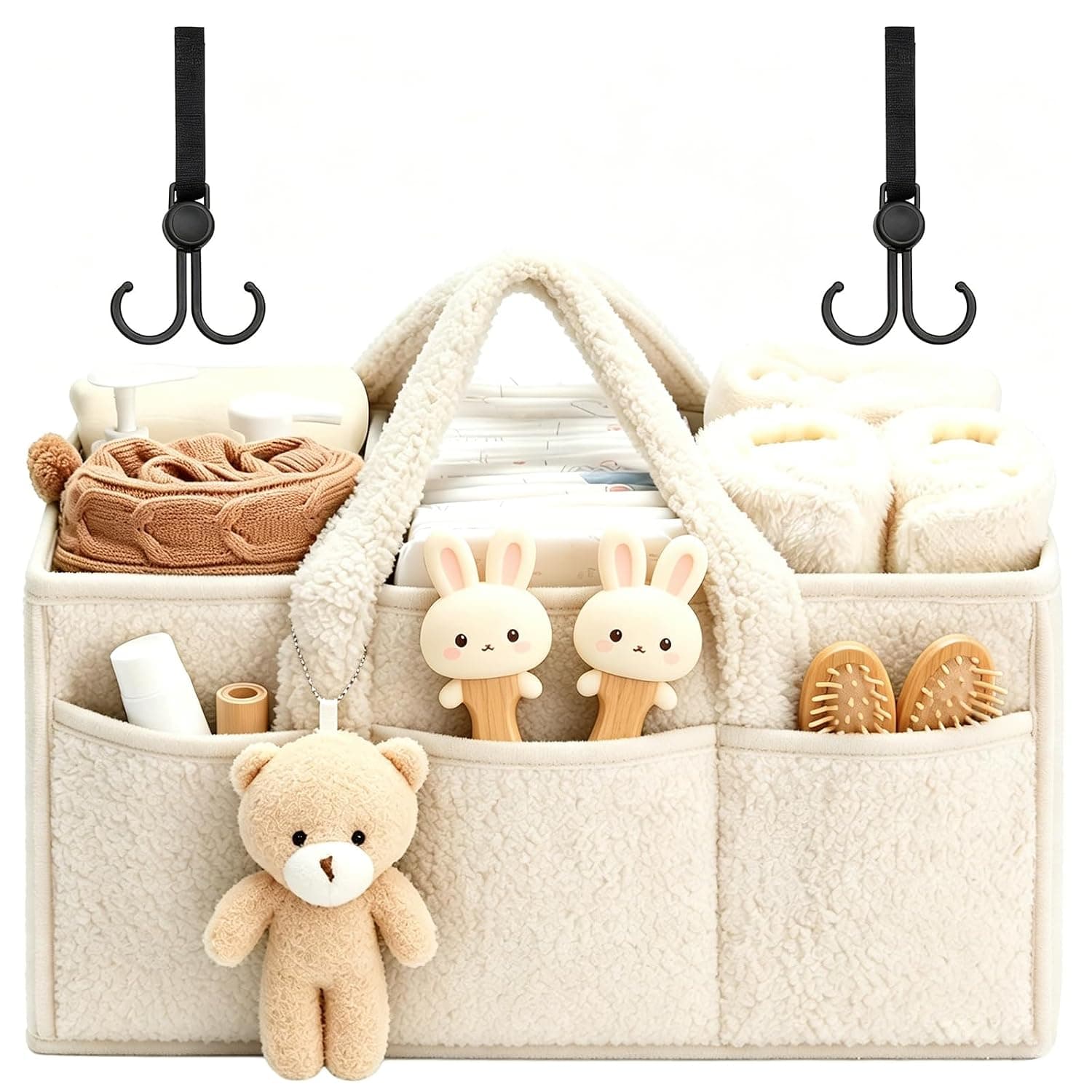 Baby Changing Bag, Mommy Bag Made of Plush, Light Green Baby Organiser with Removable Compartments, Changing Organiser with Handles, Portable Changing Basket for Changing Table & Baby Utensils