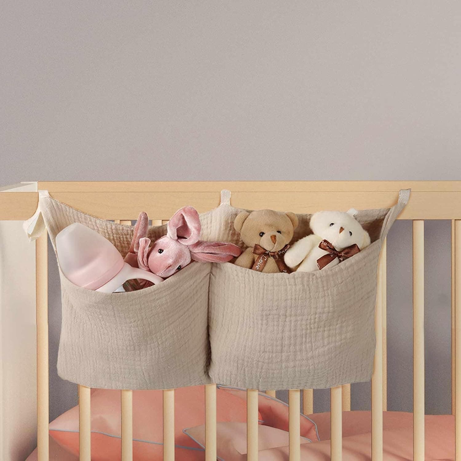 Aputue Baby Diaper Caddy Organizer, Cotton Crib Hanging Nursery Storage Basket, Breathable Fabric Organizer, Space Saving Hanging Bag for Wipes Diapers Lotion Toys Newborn Essentials