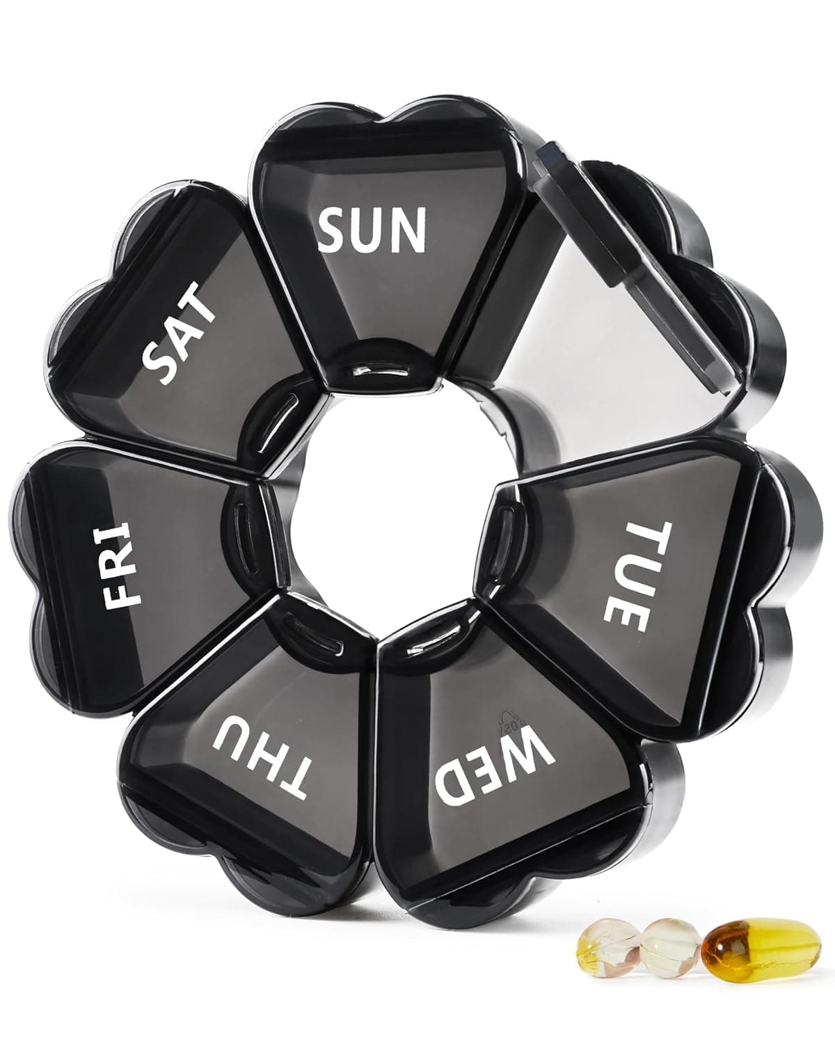 MOLN HYMY Large Pill Organizer 7 Day, Pretty Weekly Pill Box Case, Cute Girly Medicine Dispenser Container for Vitamin, Gummy, Medication, Supplement (Black)