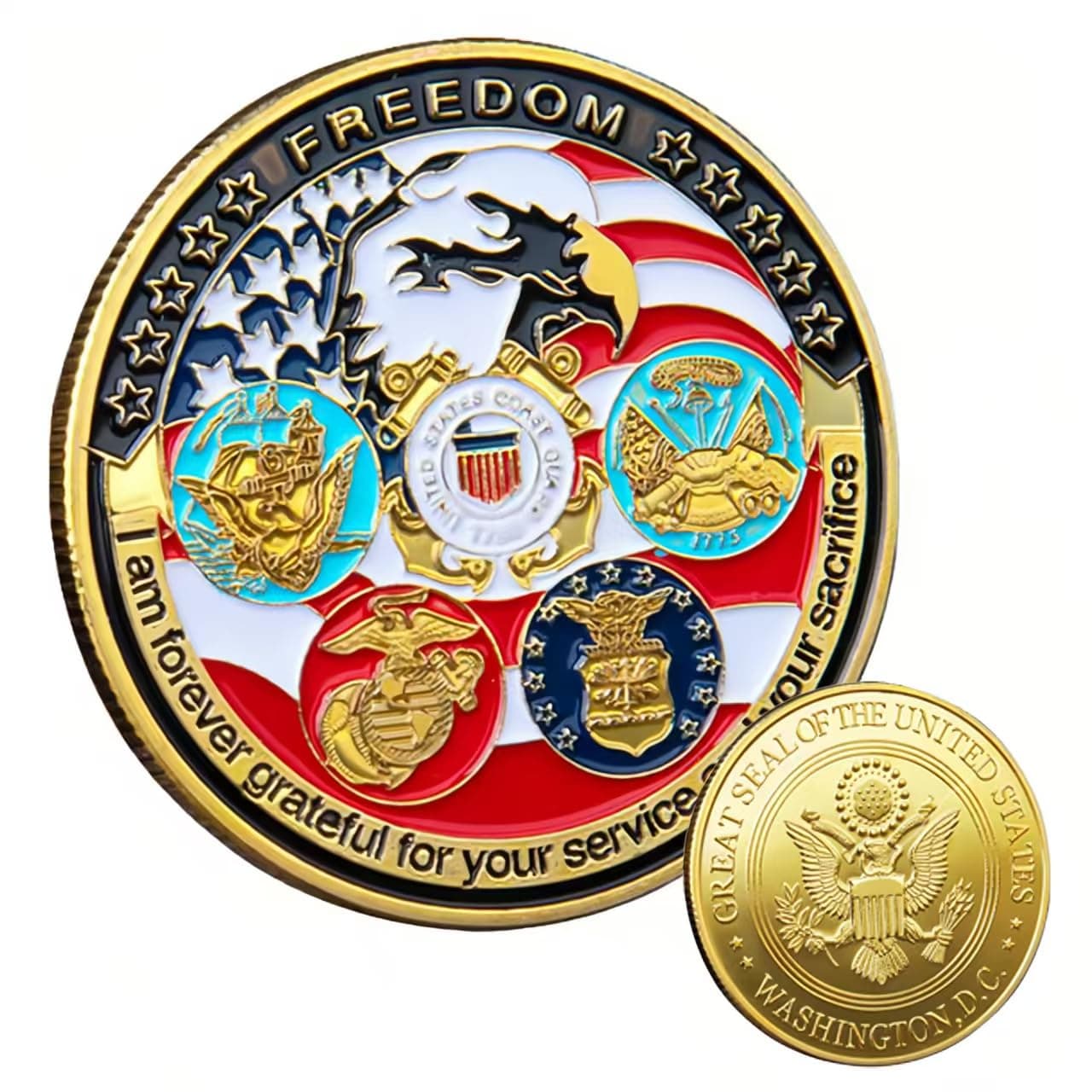 Military Challenge Coin, US Navy, Air Force, Marine Corps, Coast Guard, Gold, Freedom Eagle, Great Seal Collection Gift