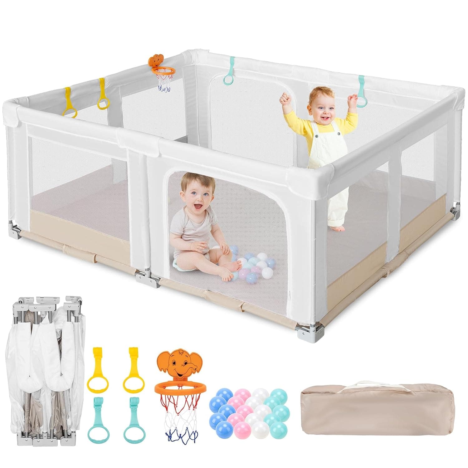 Large Foldable Baby Playpen: 180 x 150 x 75 cm Playpen, Indoor and Outdoor Playpen, with 20 Balls, 1 Basketball Hoop, 4 Handles and 1 Travel Bag - Ideal Play Area for Kids