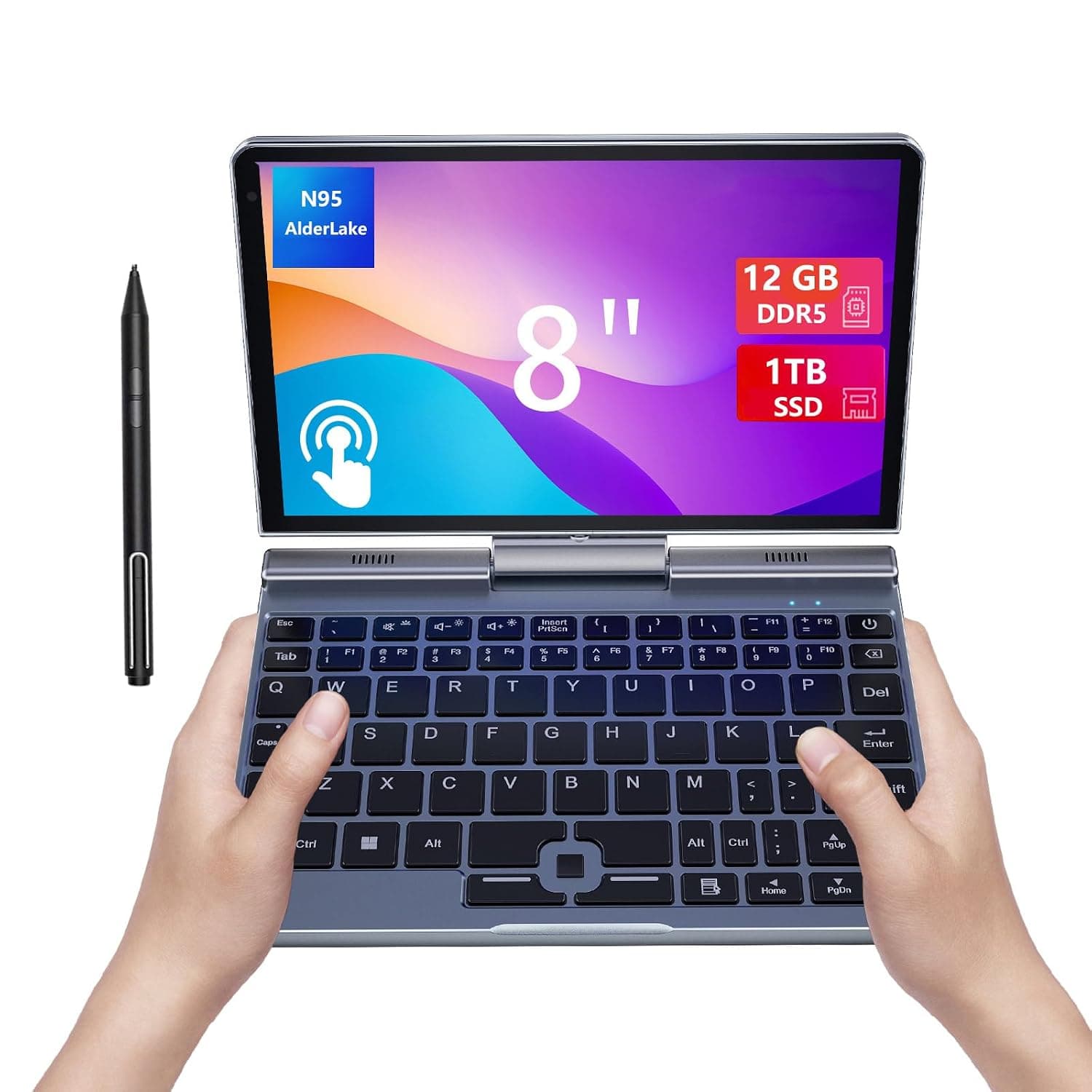8" Mini 2-in-1 Touchscreen Laptop, Intel N95, 12GB LPDDR5, 1TB SSD | Portable Pocket PC with Stylus Support,, Wi-Fi 6, BT 5.2 2 MP Camera, G-Sensor, HDMI, Type C, for Travel or Work