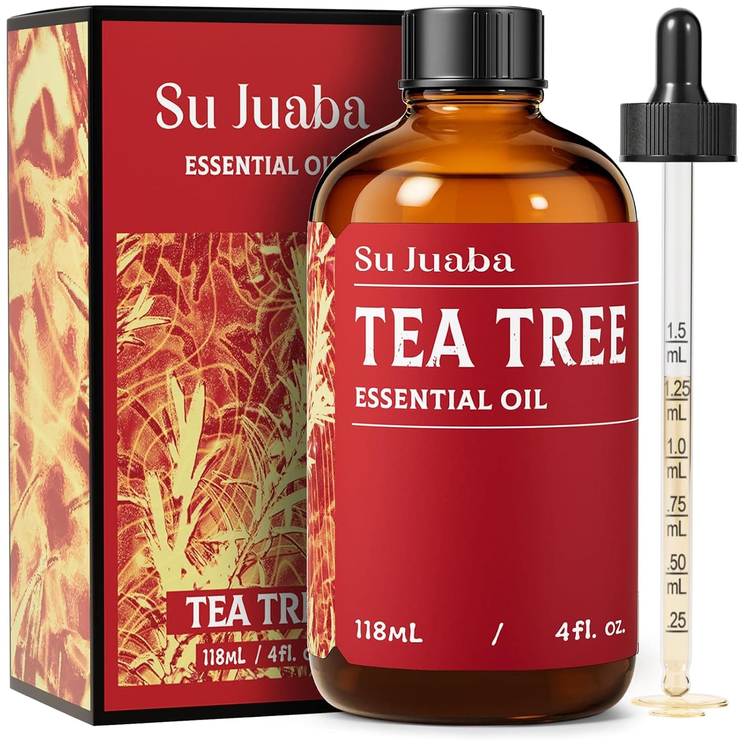 SU JUABA 4 Fl Oz Tea Tree Essential Oil, Aromatherapy Oil for Toenail, Skin, Face, Hair, Shampoo - 118ML