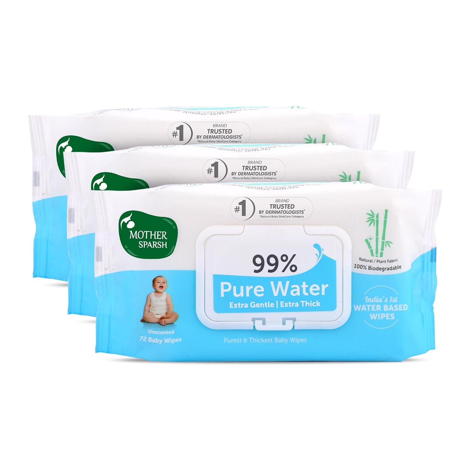 Mother Sparsh 99% Pure Water (Unscented) Baby Wipes I Natural Plant Made Cloth - Super Thick I 72 Pcs/Pack - 72 Count (Pack Of 3)