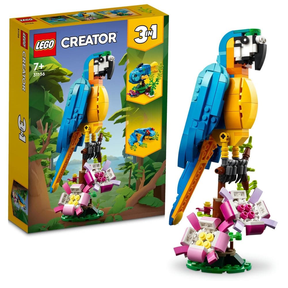 LEGO Creator 3in1 Exotic Parrot 31136 | Parrot to Frog to Fish Animal Figures, Creative Building Toy, Gift for 7+ Year Old Boys & Girls, 253 Pieces