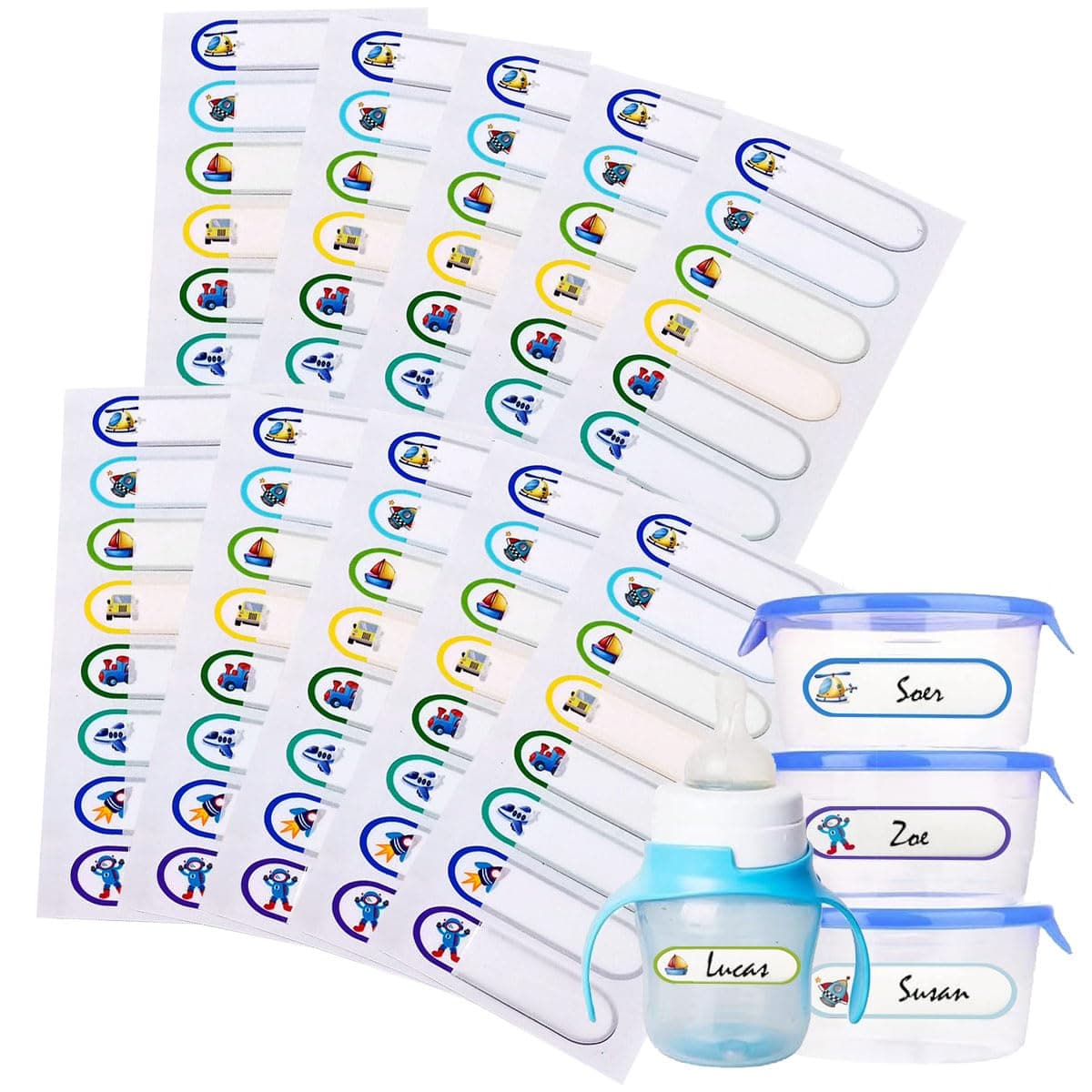 ECVV 80pcs Baby Bottle Labels, Waterproof Self-Laminating Baby Bottle Labels for Kids: Perfect for Daycare, School & Home Organization with Cartoon Vehicle Prints