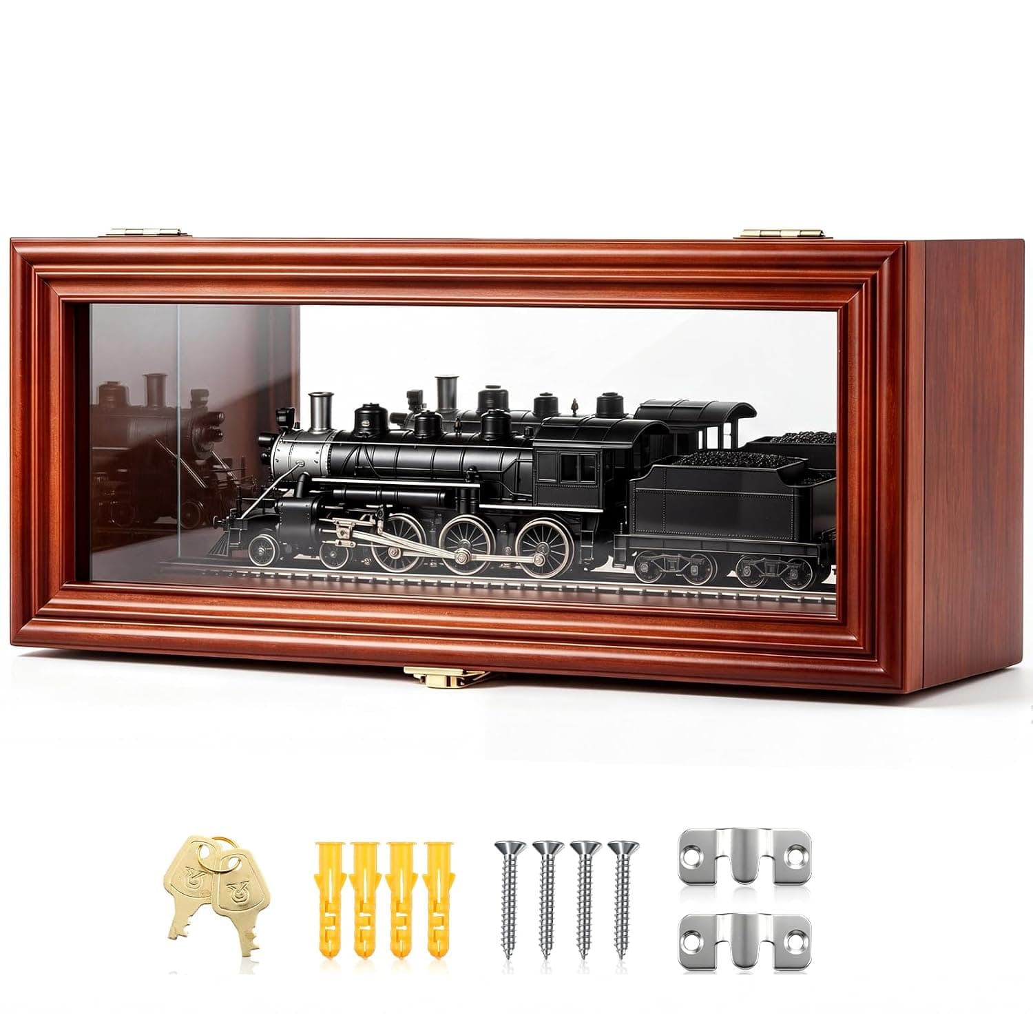 Silipull O Scale Train Model Display Case Brown Pine Wood Collector Display Box Tabletop and Wall Mounted Train Shelf with Mounting Hardware Keys for Railway Model Collectors Gifts Wall Decor