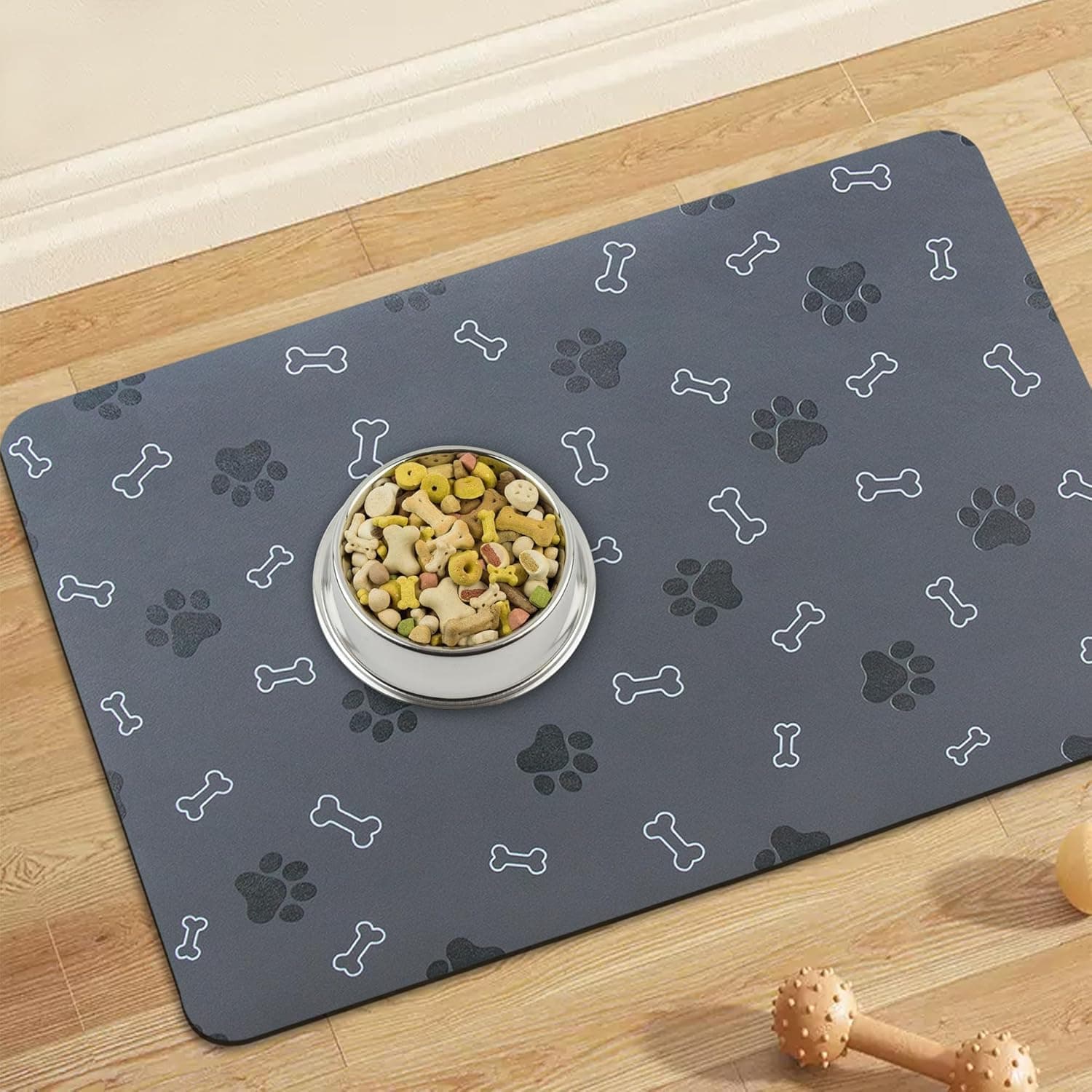 Tazweeq Non-Slip Pet Mat, Absorbent Quick-Dry Cat & Dog Food & Water Bowl Feeding Mat, Dark Grey(50x30cm)