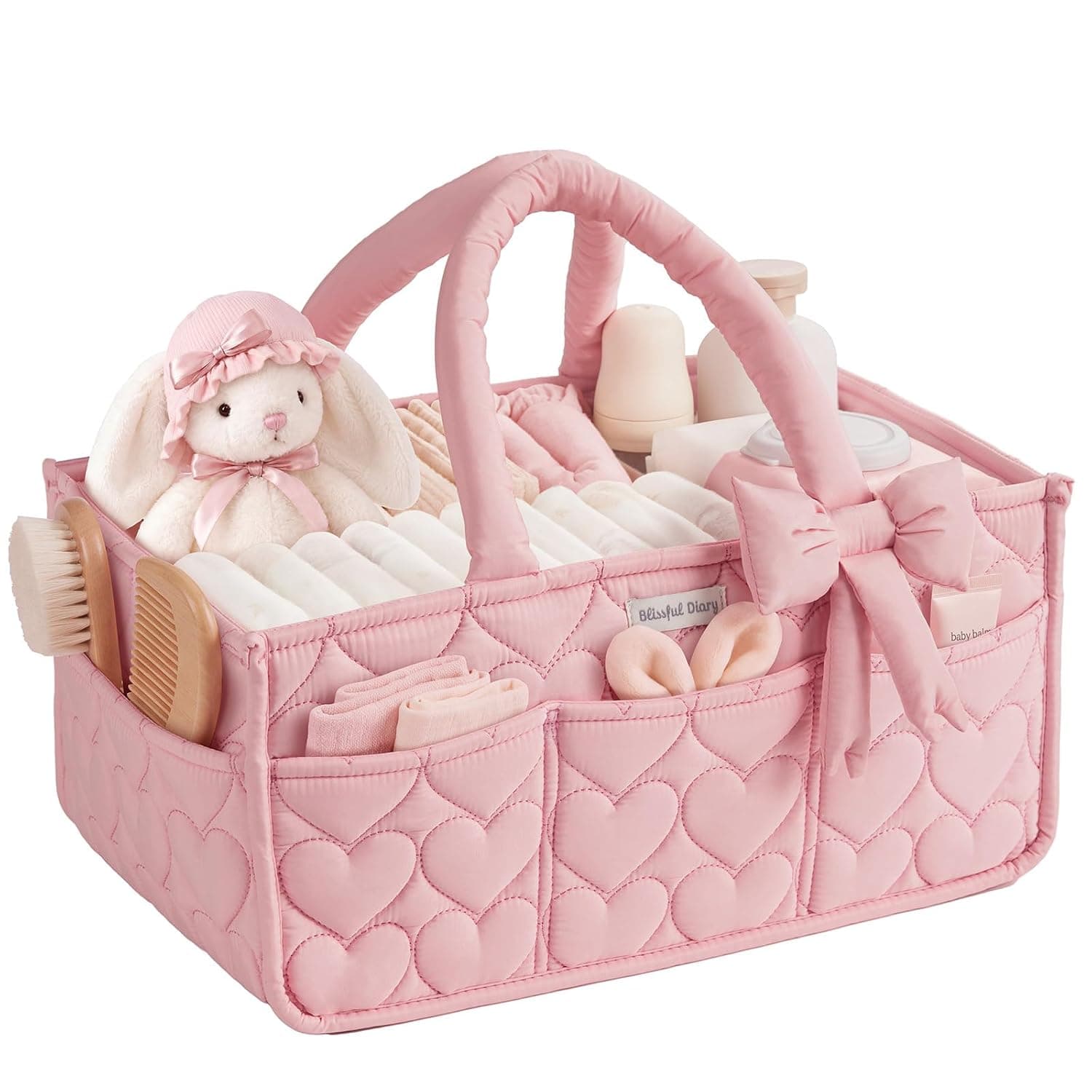 Blissful Diary Baby Diaper Caddy Organizer, Heart-Quilted, Light Pink | Large & Portable Nursery Storage Basket, Gift for Baby Shower, Newborn Girl Essential, Registry Search Must Haves