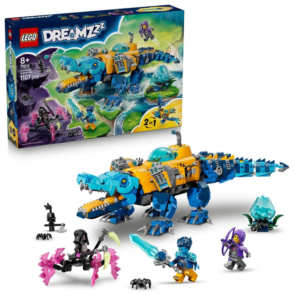 LEGO DREAMZzz Crocodile Submarine 71512 | 2-in-1 Toy, Transforms into Eagle Submarine, 3 Minifigures & 2 Spiders, Gift for 8+ Year Old Boys & Girls, 1,107 Pieces