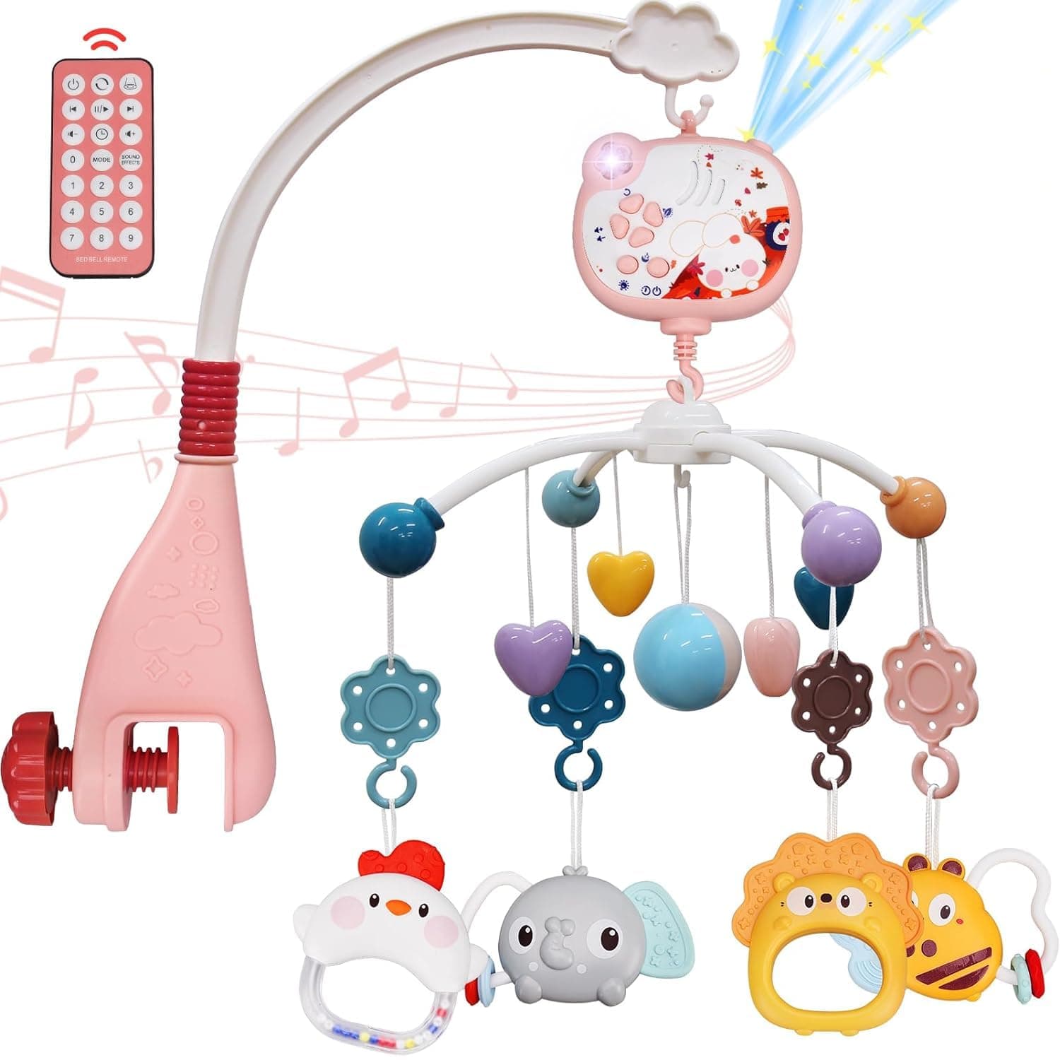 0TO1 Baby Crib Mobile with Music and Lights, Crib Toys with Remote Control, Rotation, Moon and Star Projection, chewing teether rattle, Baby Mobile Toy Suitable for children Newborn (Pink)