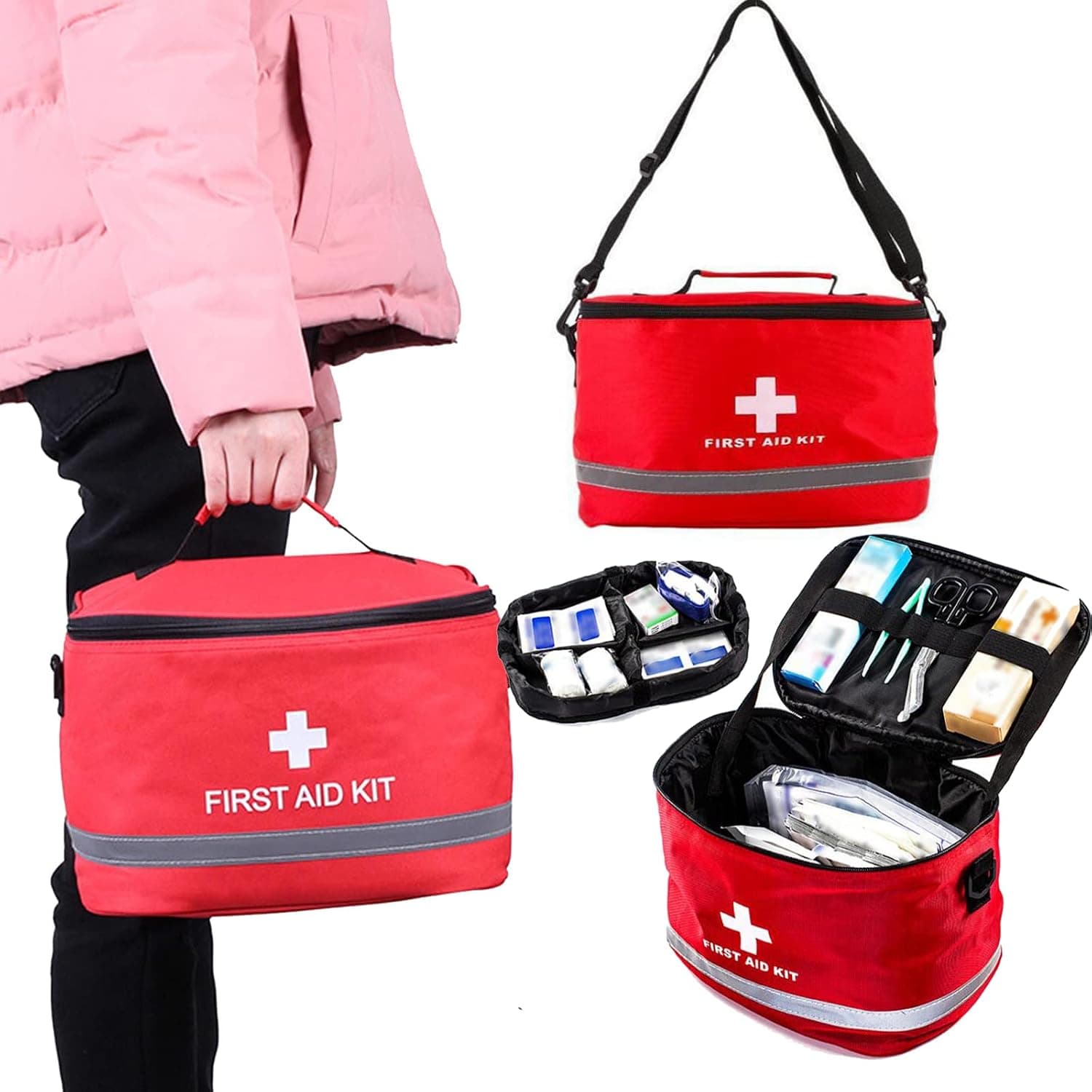 First 𝐀𝐢𝐝 Kit, Premium Waterproof Compact Trauma 𝐌𝐞𝐝𝐢𝐜𝐚𝐥 Kits for Any Emergencies, Ideal for Home, Office, Car, Travel, Outdoor, Camping, Hiking, Boating (Red)