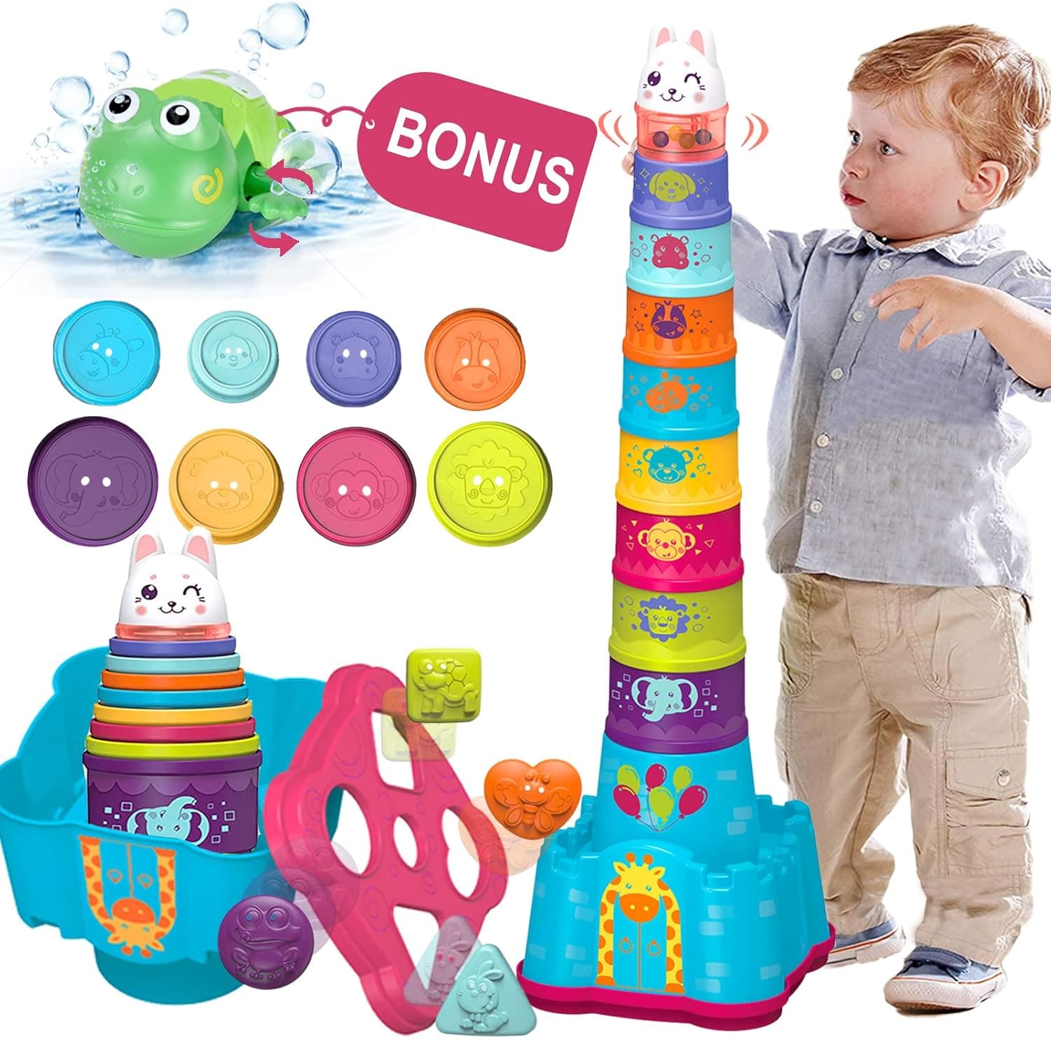 LTKFFFdp Baby Stacking Toys for Toddler 1-3, Nesting Cup Shape Sorter for Infant 6 to 12-18 Month, Learning Stackable Block, Birthday Gift for Girl Boy 9 Month