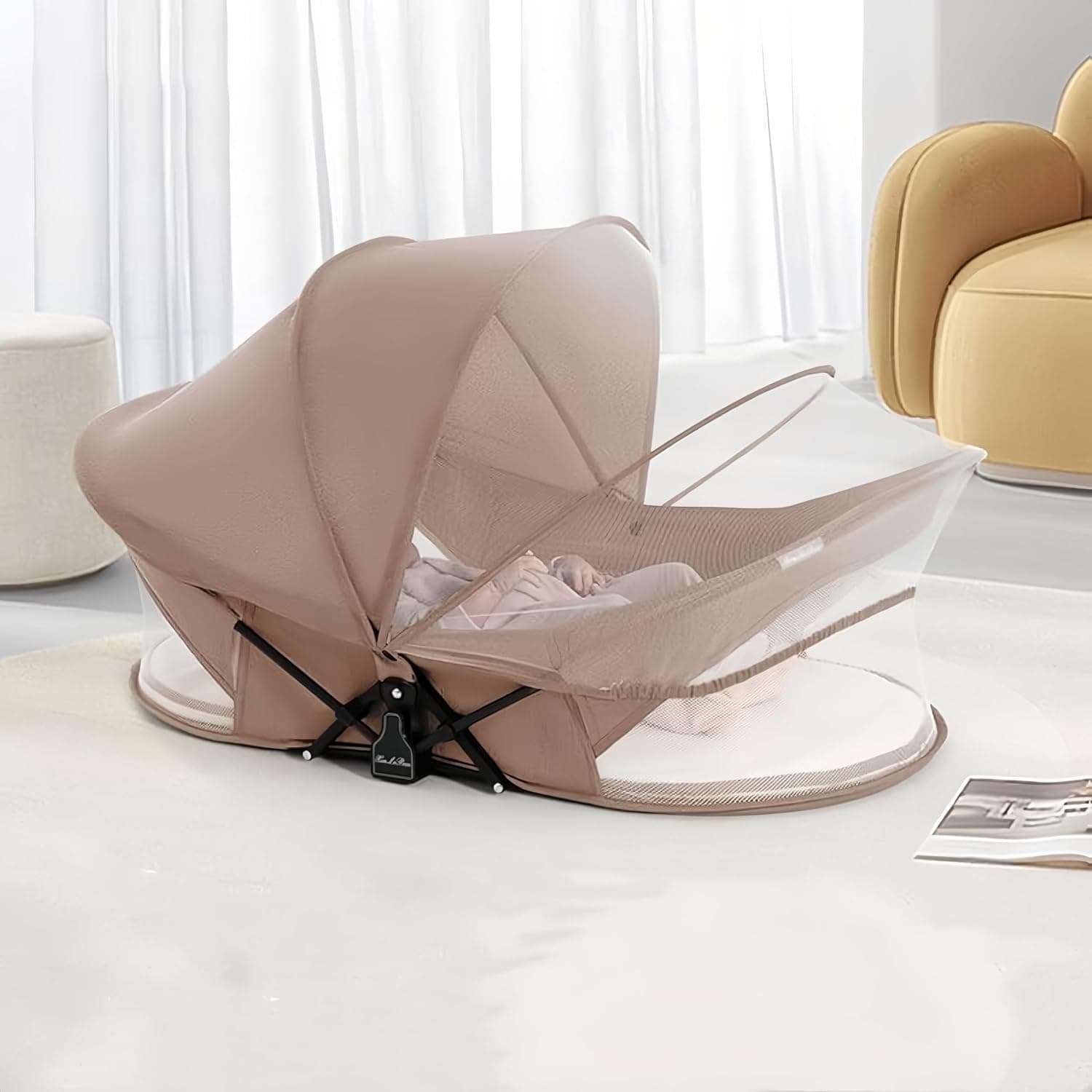 Quick Fold Portable Travel Bassinet, Breathable Mini Crib Sleeper Equipped with Mosquito Net and Carry Bag, Khaki