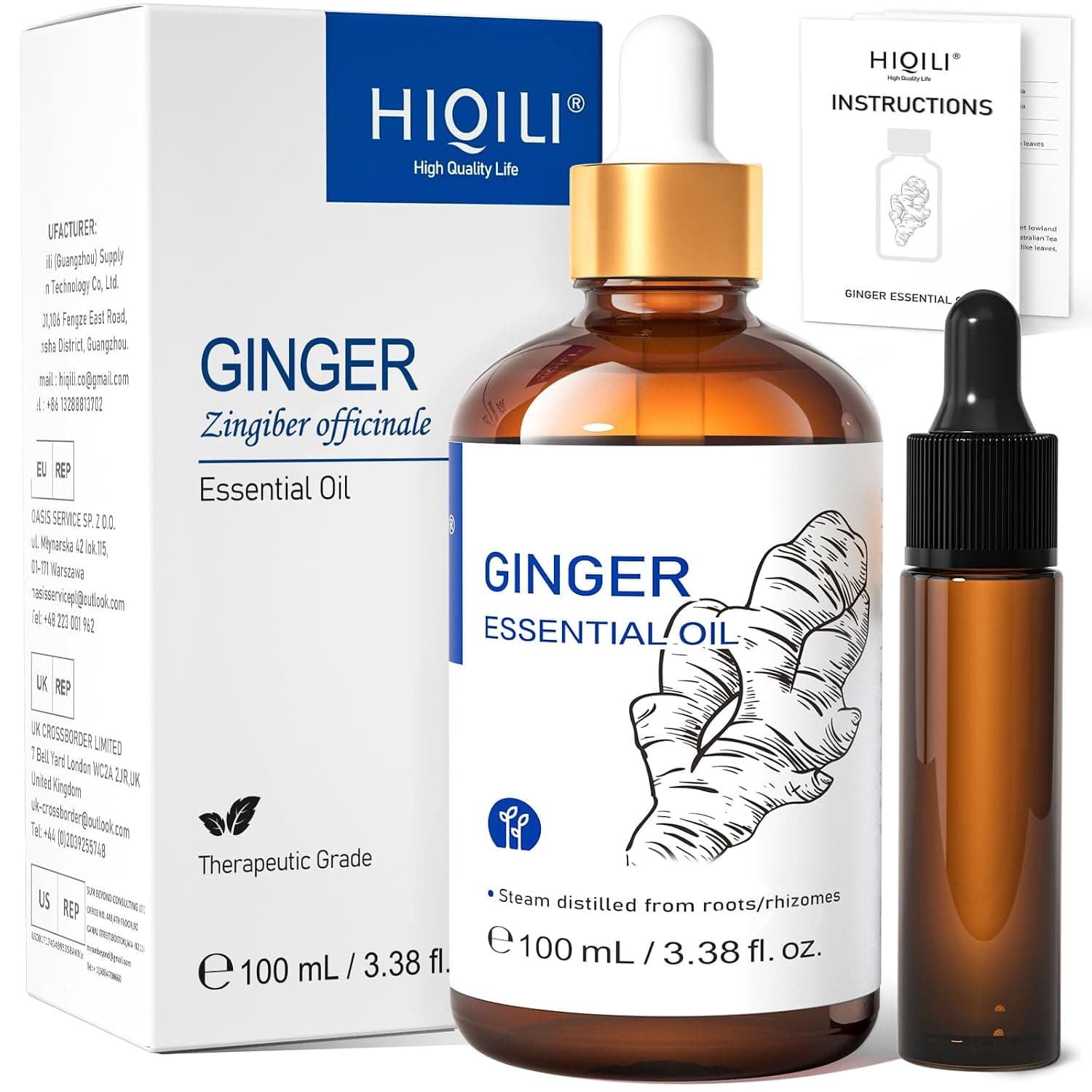 HIQILI Pure Ginger Essential Oil for Lymphatic Drainage Massage, Swelling Pain, Skin, Hair, Diffuser,Large Bottle with Dropper & Gift Box-100ml