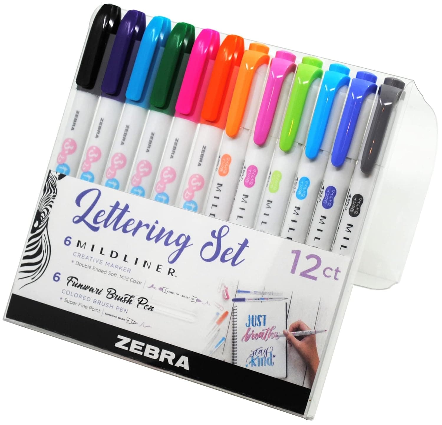 Zebra Pen Lettering Set, Includes 6 Mildliner Highlighters and 6 Brush Pen, Assorted Colors, 12 Pack