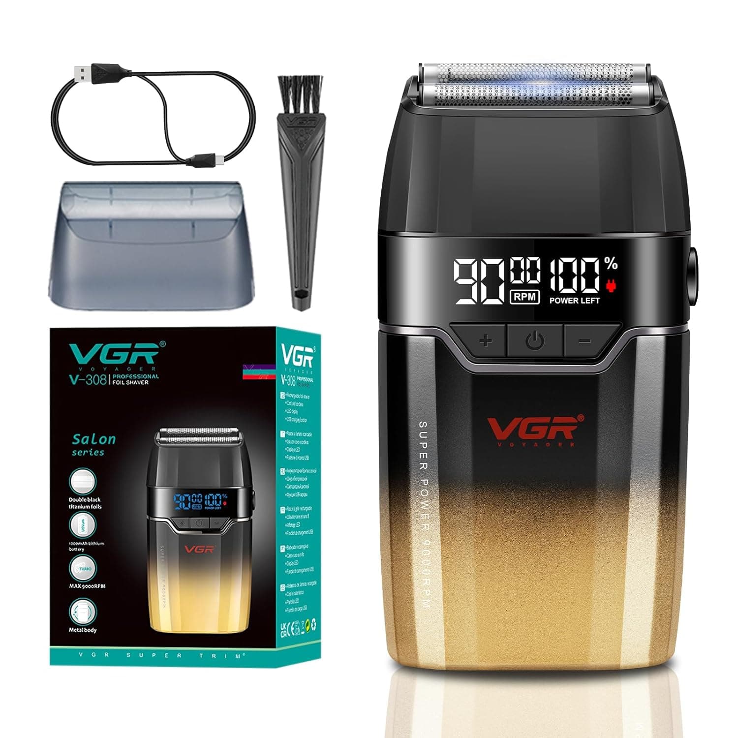 VGR 308 Electric Shavers for Men, Professional Double Foil Shaver 9000RPM Cordless Head Shaver with Titanium Foils, LED Display, USB Rechargeable Men's Electric Razor for Face & Beard, Gold