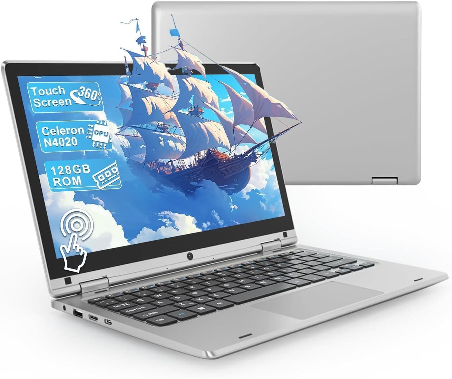 PINSTONE Celeron N4020 11.6 Inch Laptop - 6GB RAM 128GB SSD, 360° Foldable Mini Touch Laptop, 2.4/5 GHz WiFi, Bluetooth 4.2, Mini HDMI, Laptop Extension by SD – Silver