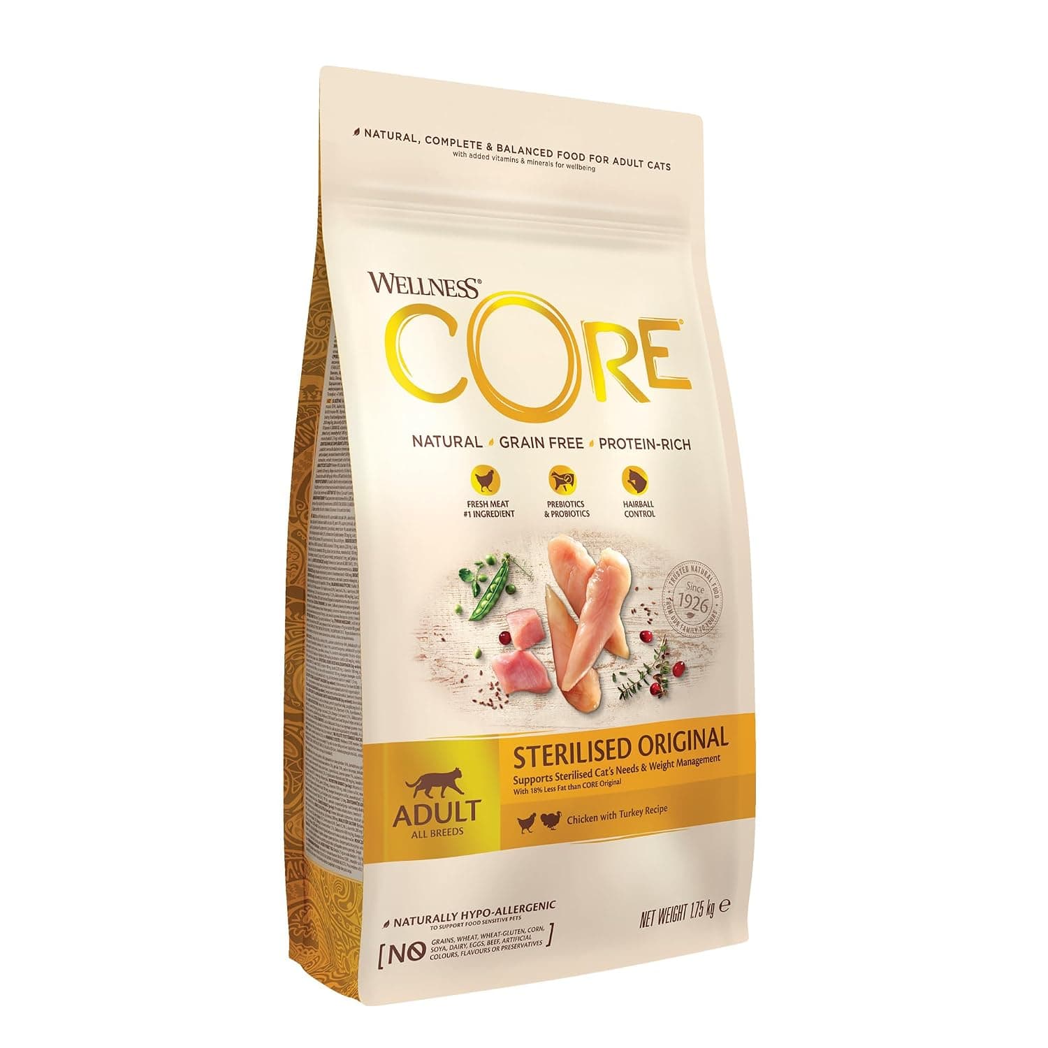 Wellness Core Cat Sterilised Chicken & Turkey Dry Food 1.75 Kg | Sterilized Cat Dry Food, Grain-Free, Natural, Hypoallergenic, Rich in Protein and Meat, For Ideal Weight