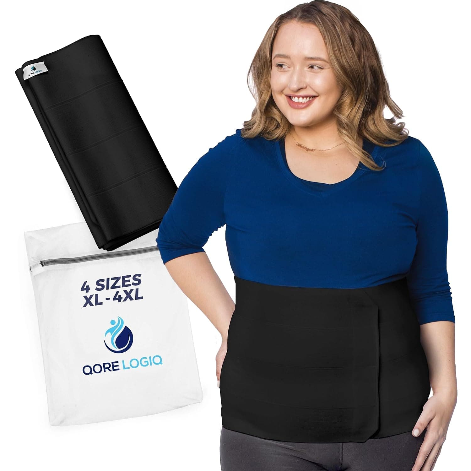 QORE LOGIQ Plus Size Abdominal Binder Post Surgery (Black, XXX-Large, 12") | C Section Belly Binder, Postpartum Belly Band, Adjustable 12" Compression Wrap for Stomach & Hernia Belt