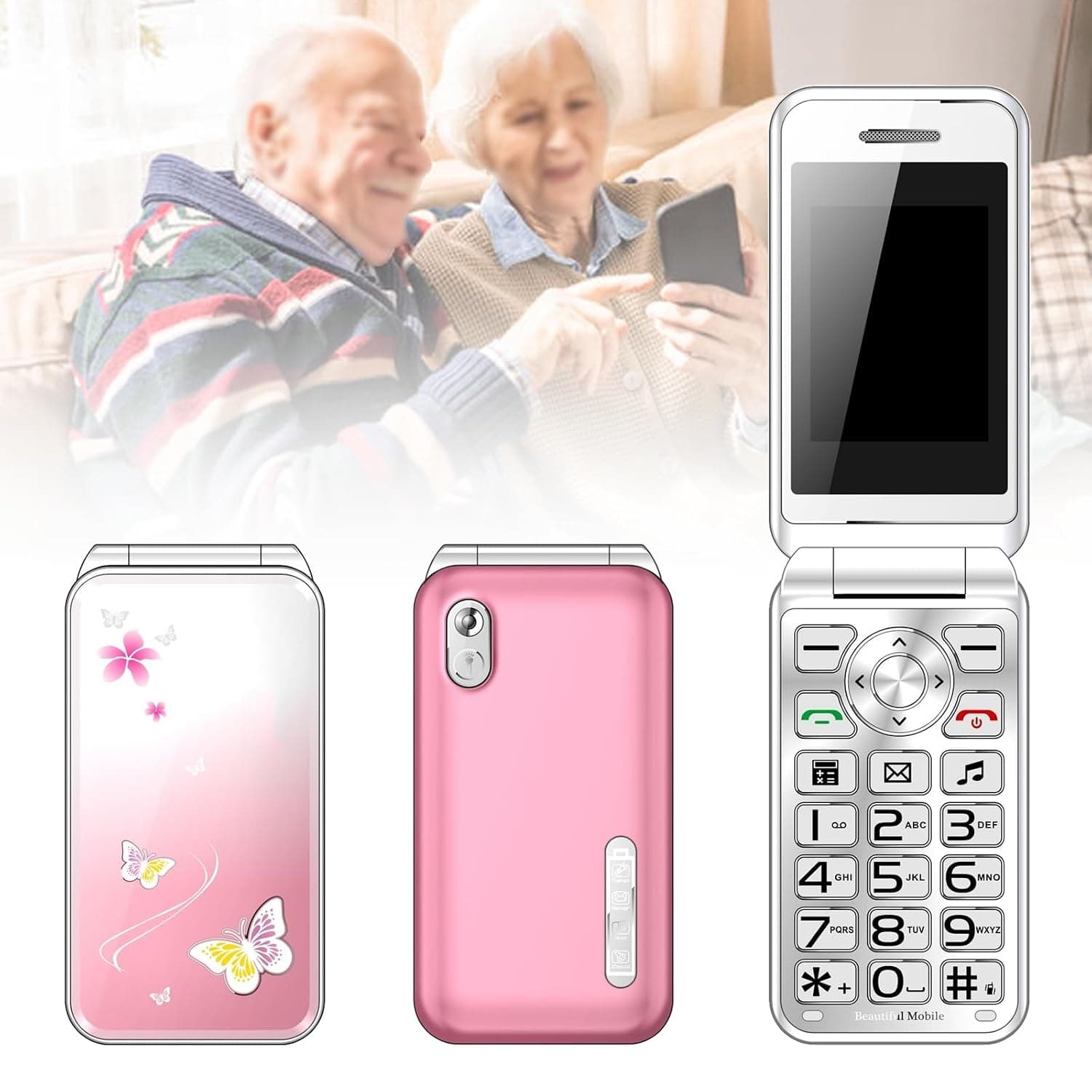 Basic Cell Phones for Elderly and Kids, Unlocked Silly Phones, Mobile Phones without Internet - with Big Buttons, MP3, MP4, Camera, Flashlight, SOS, Pink