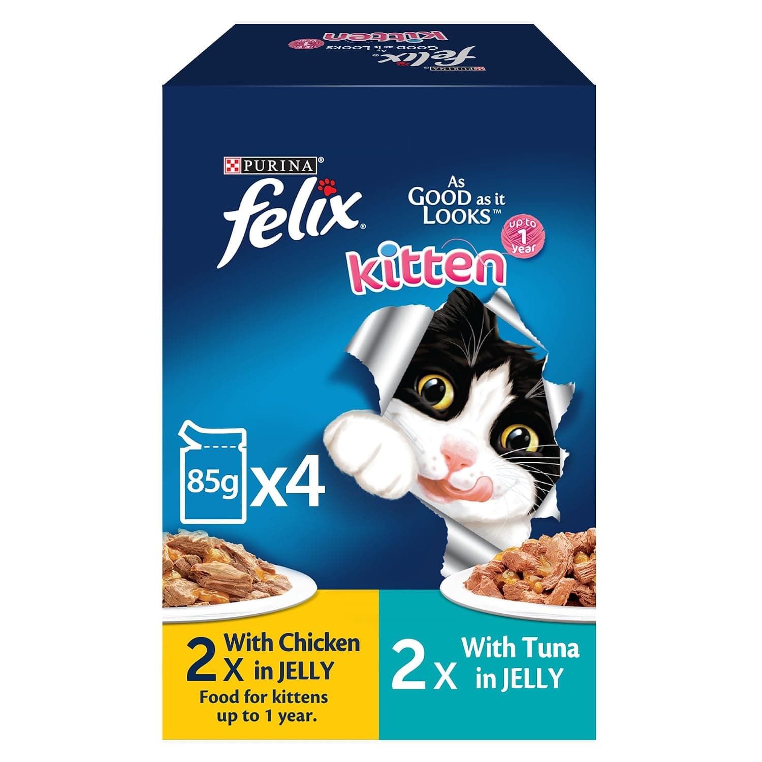 Felix Purina As Good As It Looks Kitten Cat Food in Jelly (2x 85g Chicken Pouches + 2x 85g Tuna Pouches)