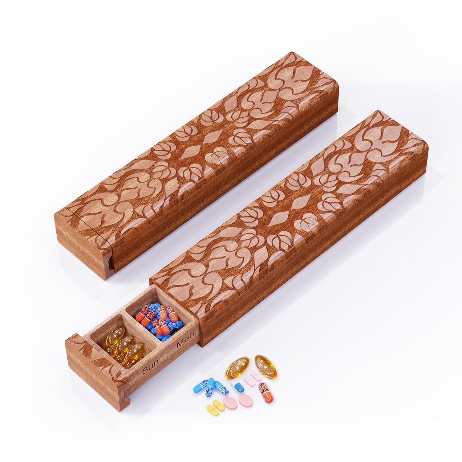 Wooden Pill Organizer, 7 Day Pill Box, Travel Pill Box, Wooden Pill Case Privacy Protection Perfect for Medication, Vitamins, Fish Oils, Supplements