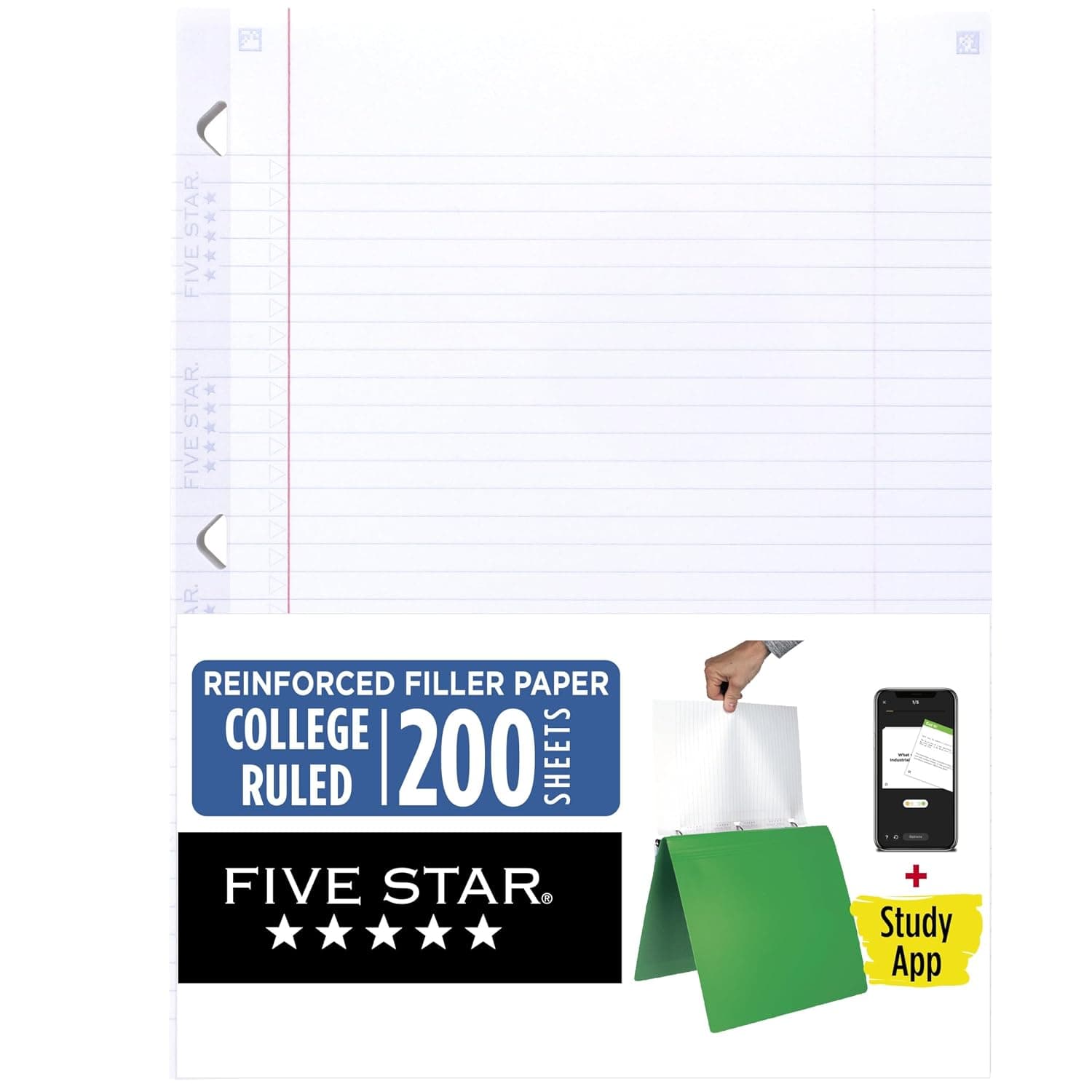 Five Star Loose Leaf Paper + Study App, Notebook Paper, College Ruled Filler Paper, Reinforced, 8-1/2" x 11", 200 Sheets per Pack (170054-ECM)