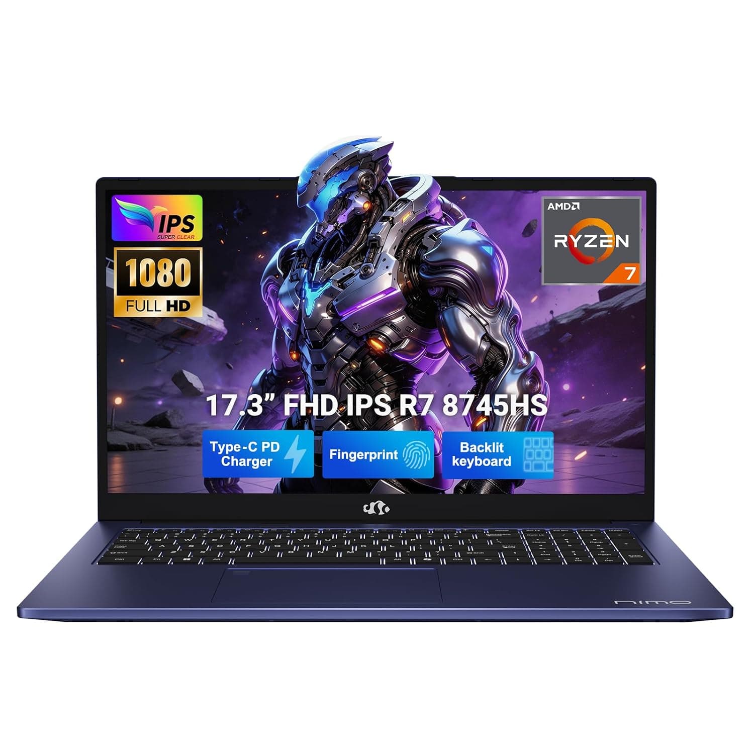 NIMO 17.3" Gaming-Laptop, 8 Cores Ryzen 7 8745HS 16GB DDR5 RAM 1TB SSD (Beat R9 6900HX, up to 4.9GHz) Radeon 780M GPU IPS FHD 100W Type-C Fingerprint, Backlit Keyboard