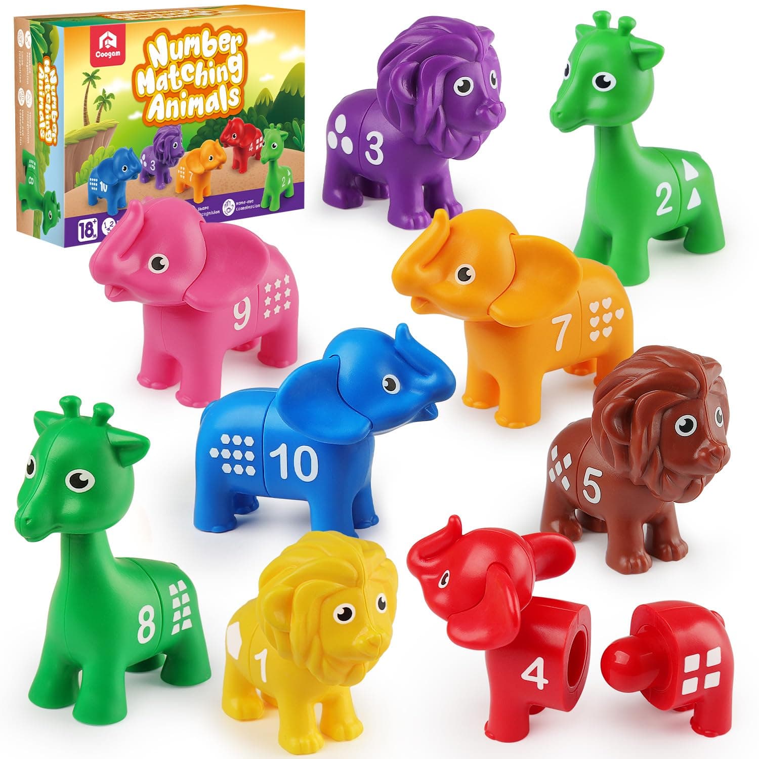 Coogam Number Matching Toy Set for 3 4 5 Year Old Kids | 10pcs Double-Sided Animal Number Counting Game, Preschool Montessori Fine Motor Skill Mathematics Educational Toys