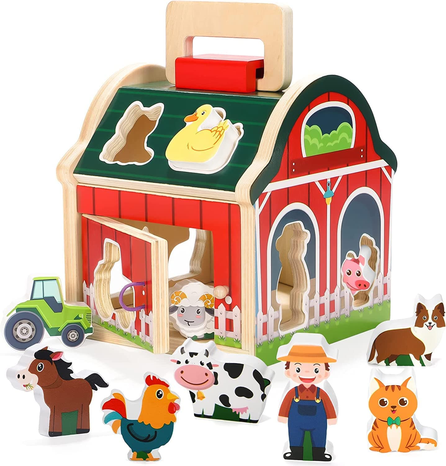 Soofam Wooden Farm Animals Shape Sorter Toys, Take-Along Sorting Wooden Barn Toy with Roof and Handle,Montessori Learning Toys for Fine Motor Games for Toddlers 1 2 3 Year Old