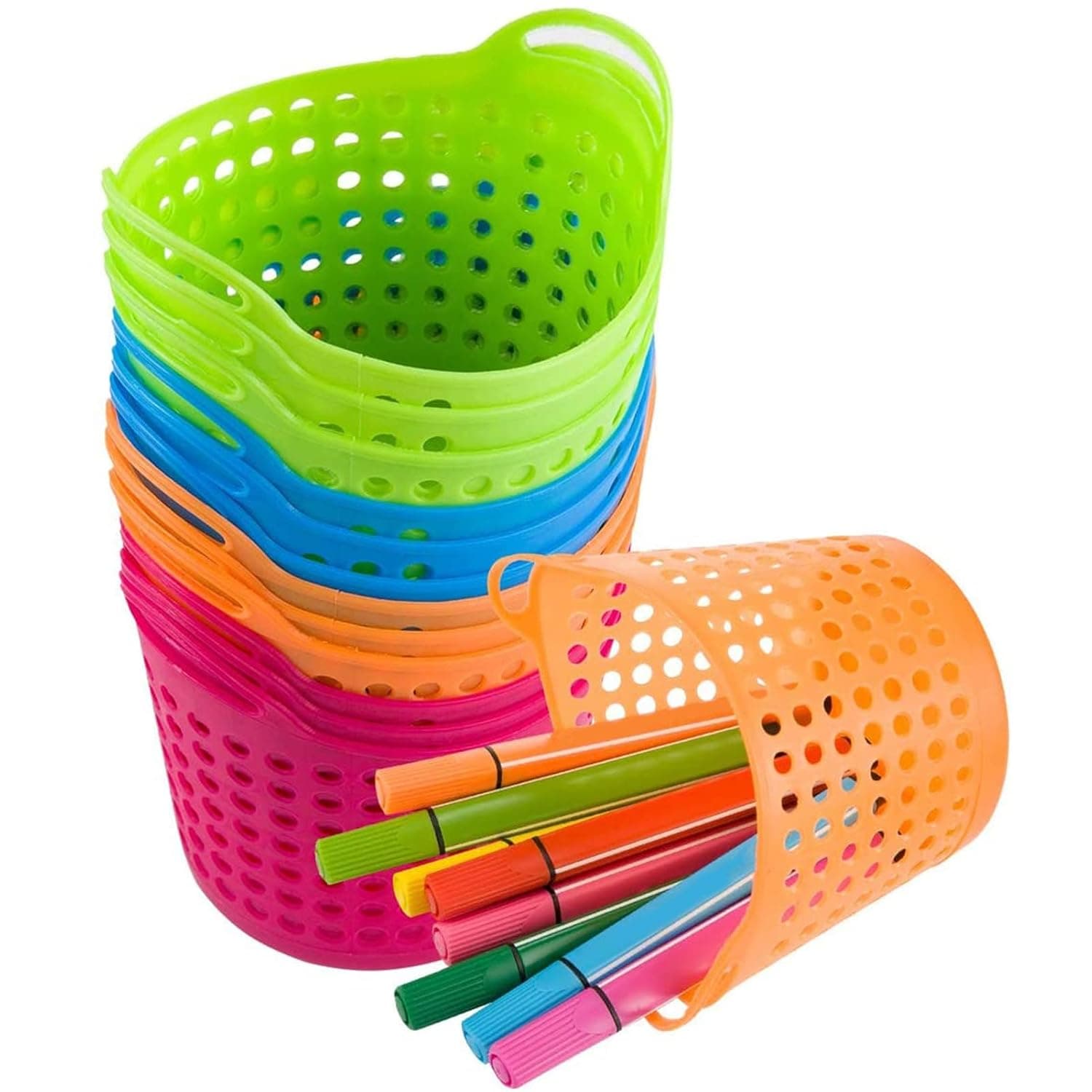 Round Pen Holder 12 Pcs for Desk - Bright Color Pen Cups for School Supplies, Classroom Container with Handles Durable Plastic Mesh Baskets for Office Drawers Shelves Desktop