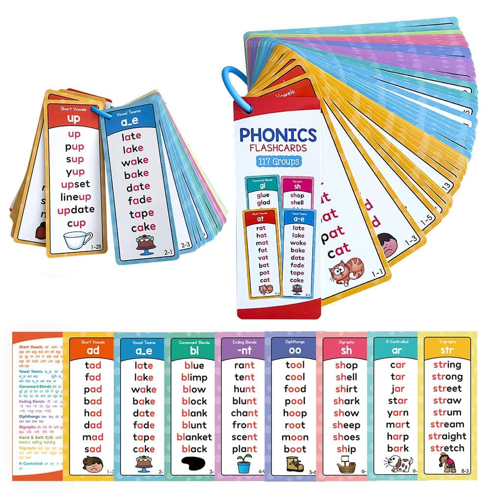 Goodern Phonics Word Lists Cards,Vocabulary Building Teaching Aids with Phonics Rhyming Words 117 Groups Phonetic Word Column List Educational Home School Supplies Speech Study Tools for Toddlers Kid