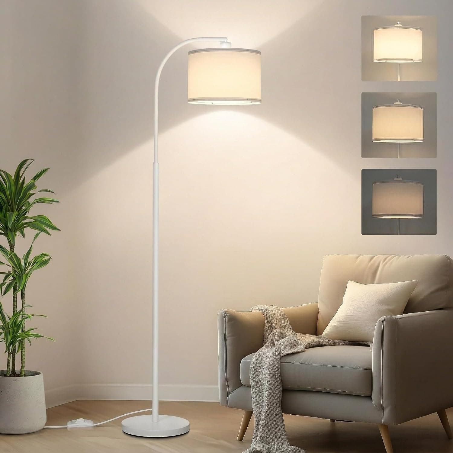Dimmable Floor Lamp with Adjustable Hanging Shade – Modern Nordic Style Standing Light for Living Room, Bedroom, Over Couch or Reading Corner (New White)