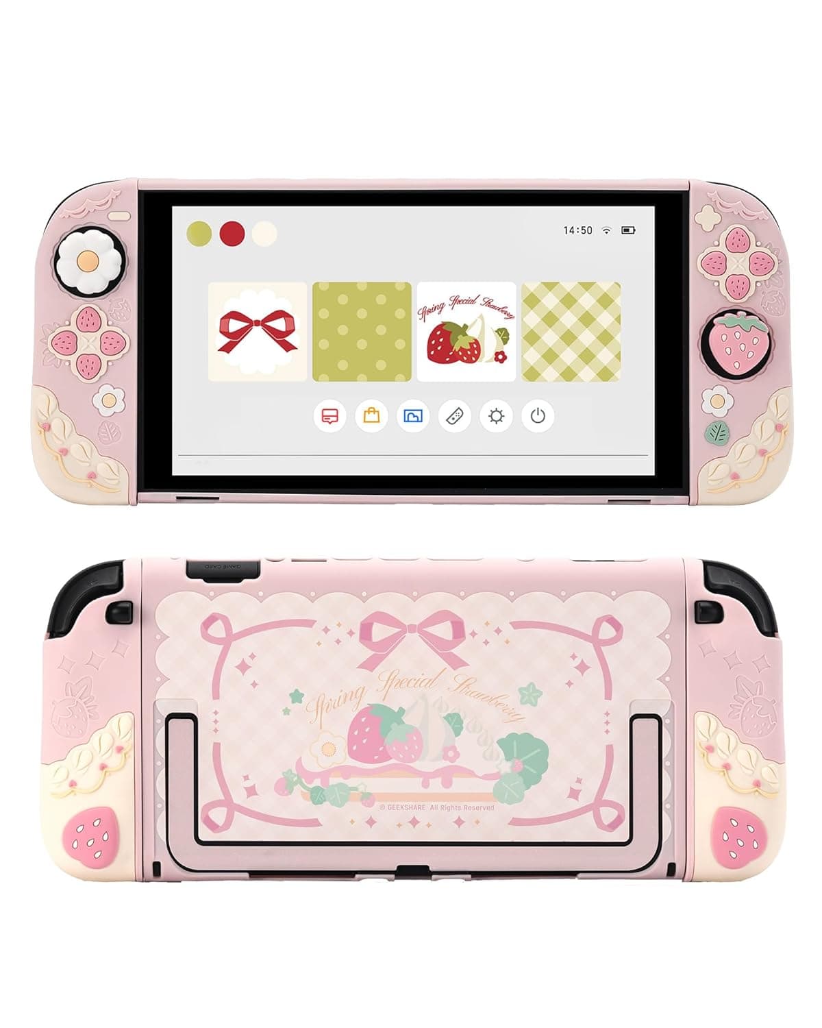 جييك شير جراب حماية بتصميم فراولة متوافق مع سويتش 2، غطاء سيليكون ناعم ورفيع قابل للفصل مع غطاءين لقبضة الابهام لجهاز تشغيل العاب الفيديو الرقمية سويتش 2025 وعصا التحكم - بينك