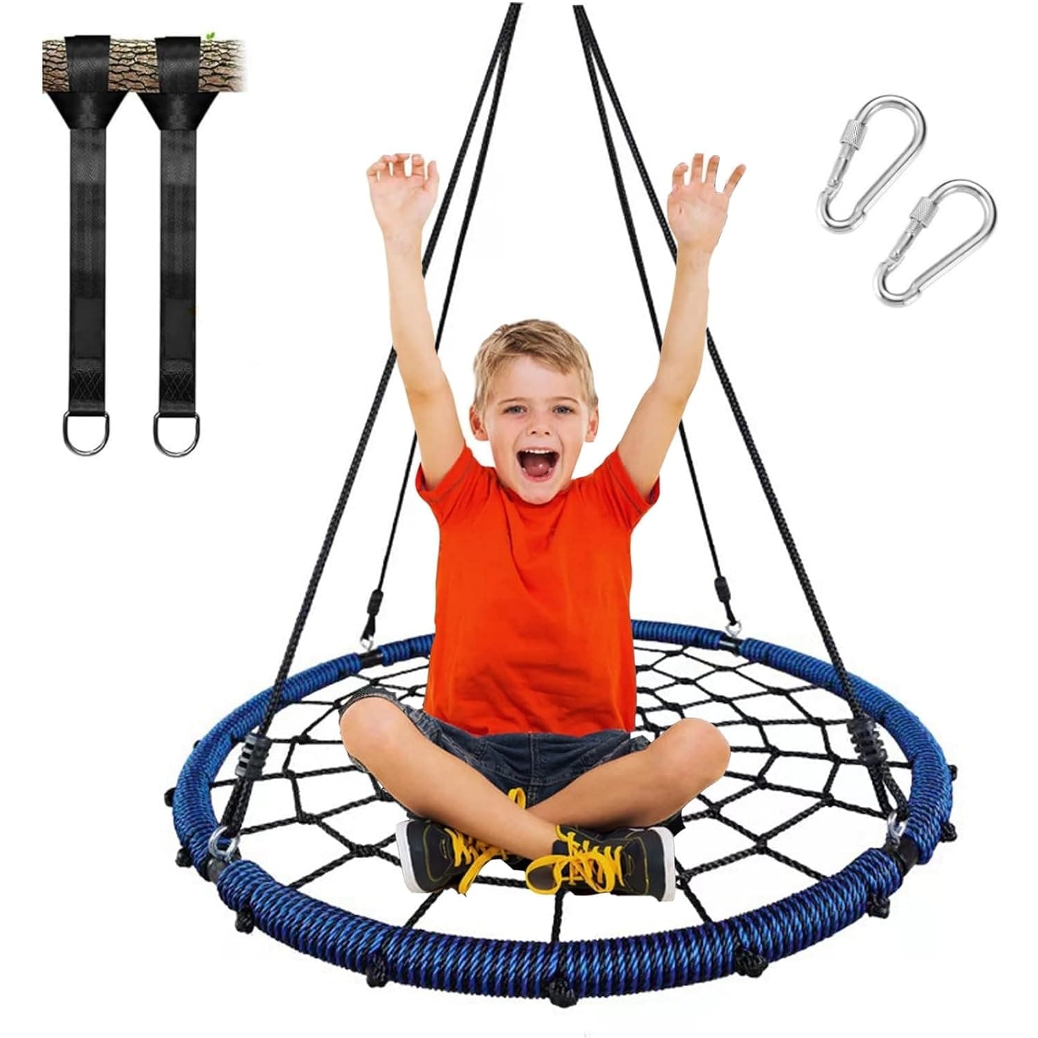 Andanna Round Tree Swings for Kids Outdoor, 40 Inch Spider Web Tree Swing Round Net Swing Platform Rope Swing Set for Kids Adults with Swivel for Outdoor Backyard Navy Blue(round 2)
