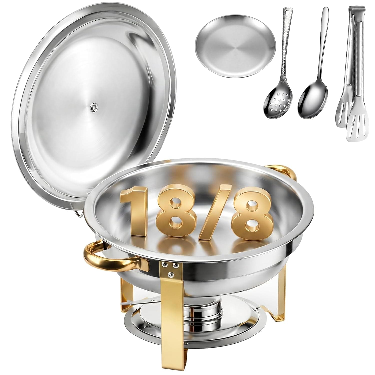 6QT Stainless Steel Chafing Dish Buffet Warmers with Lid & Holders | 18/8 Round Stainless Steel Chafing Set with Plate Spoon Tong, Heating and Cooling Buffet for Home Parties, Catering Events